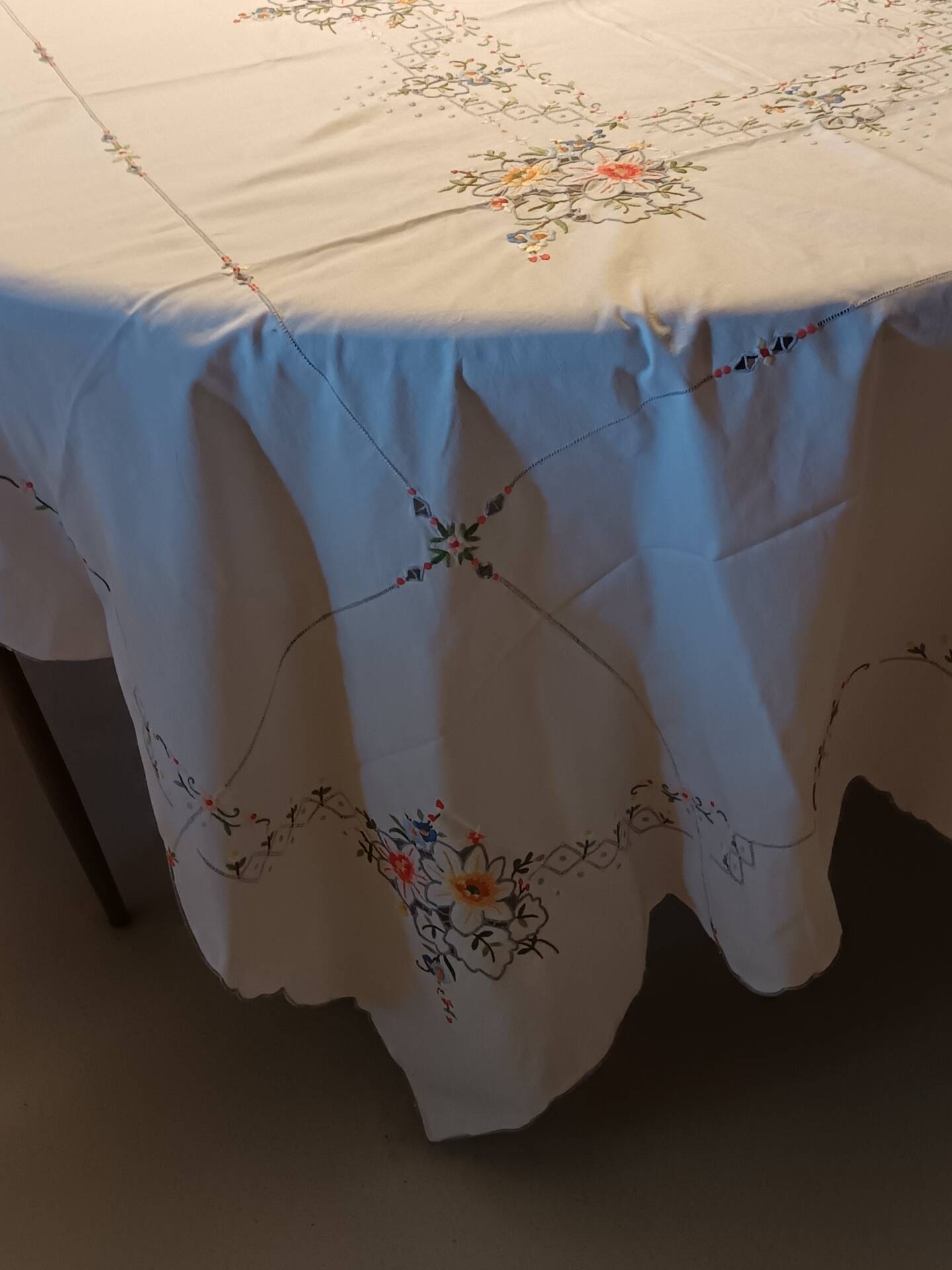 Large old embroidered and openwork tablecloth and 8 napkins.