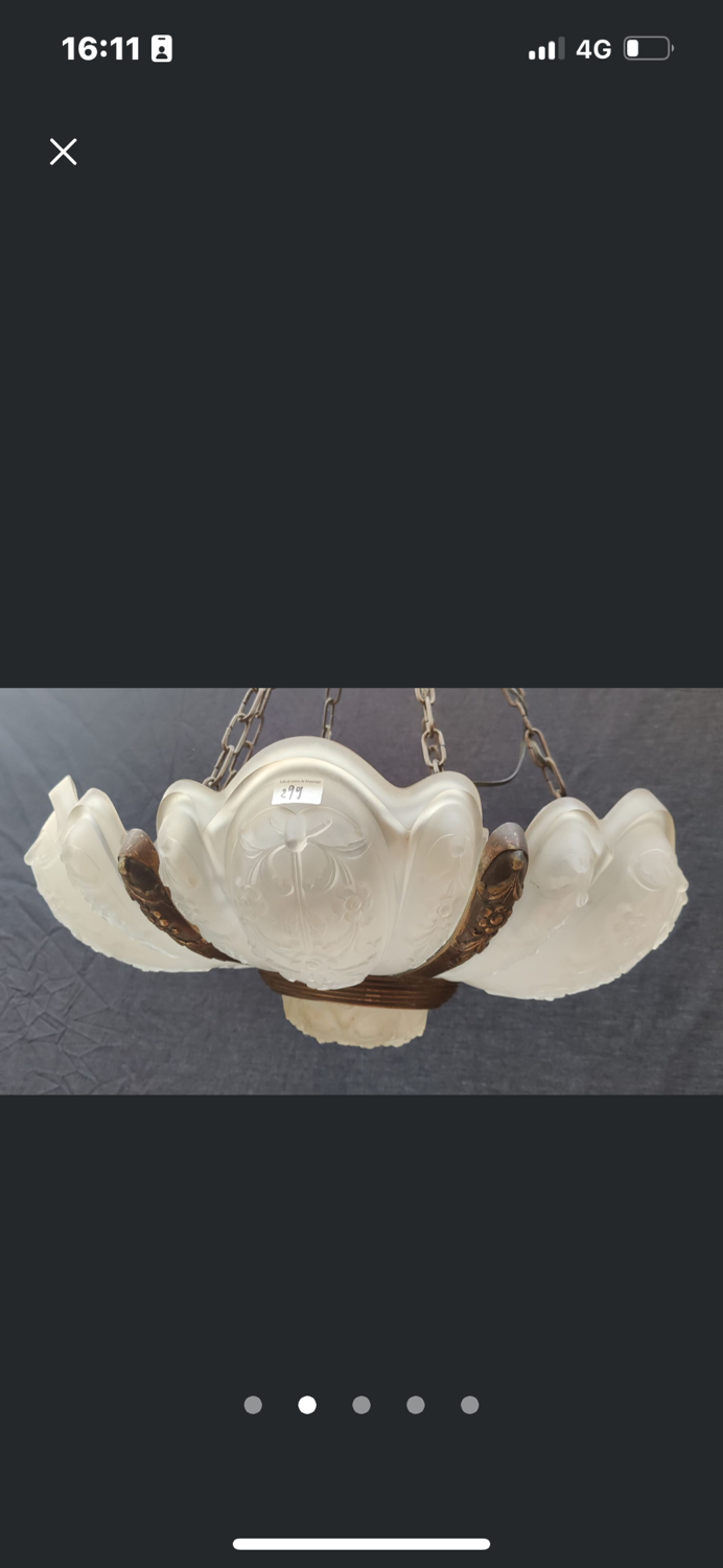 Art Deco chandelier 6 plates pressed glass bronze