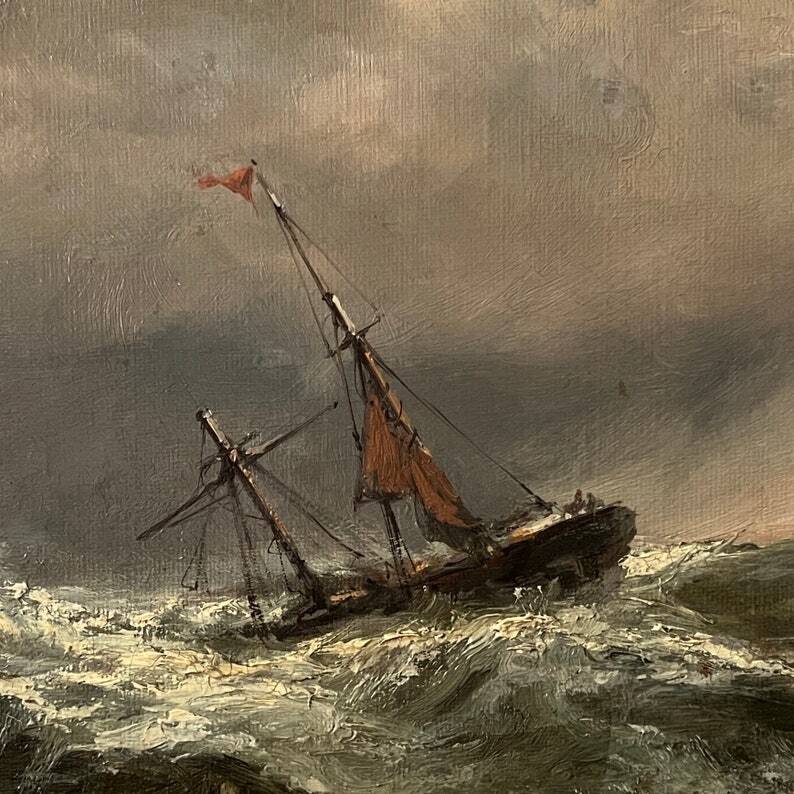 Peinture à l'huile de grand voilier vintage du milieu du siècle