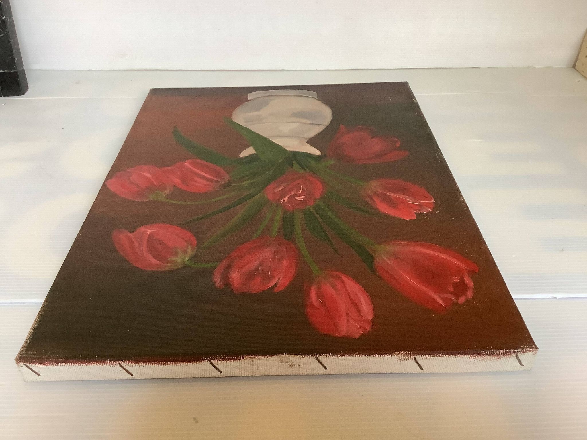 Painting bouquet of tulips oil on canvas signed