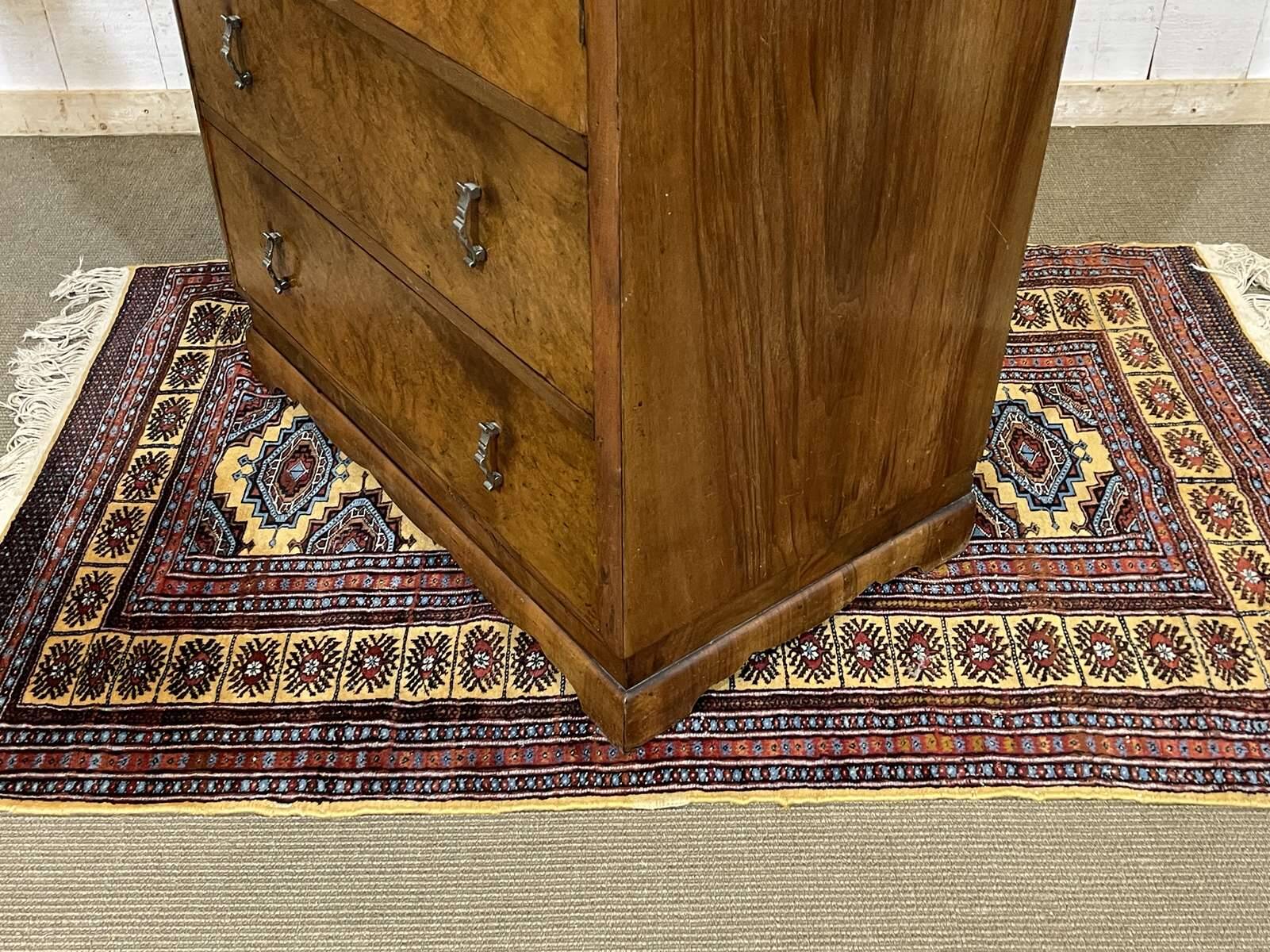 1950s English sideboard with drawers, Art Deco style, in walnut burl.