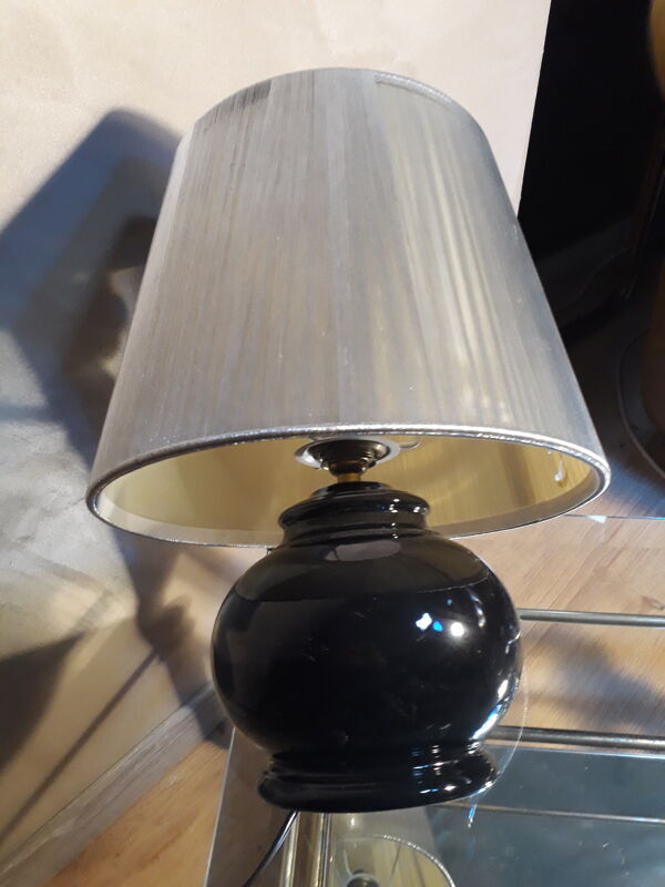 Lampe céramique noire et abat jour en d'argent 1980