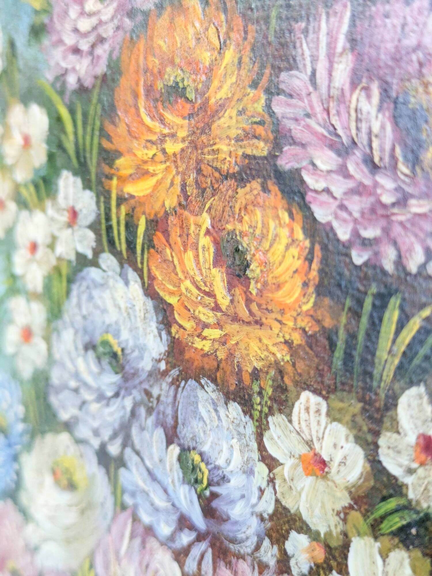 Antique oil painting, bouquet of peonies, ornate gilded frame