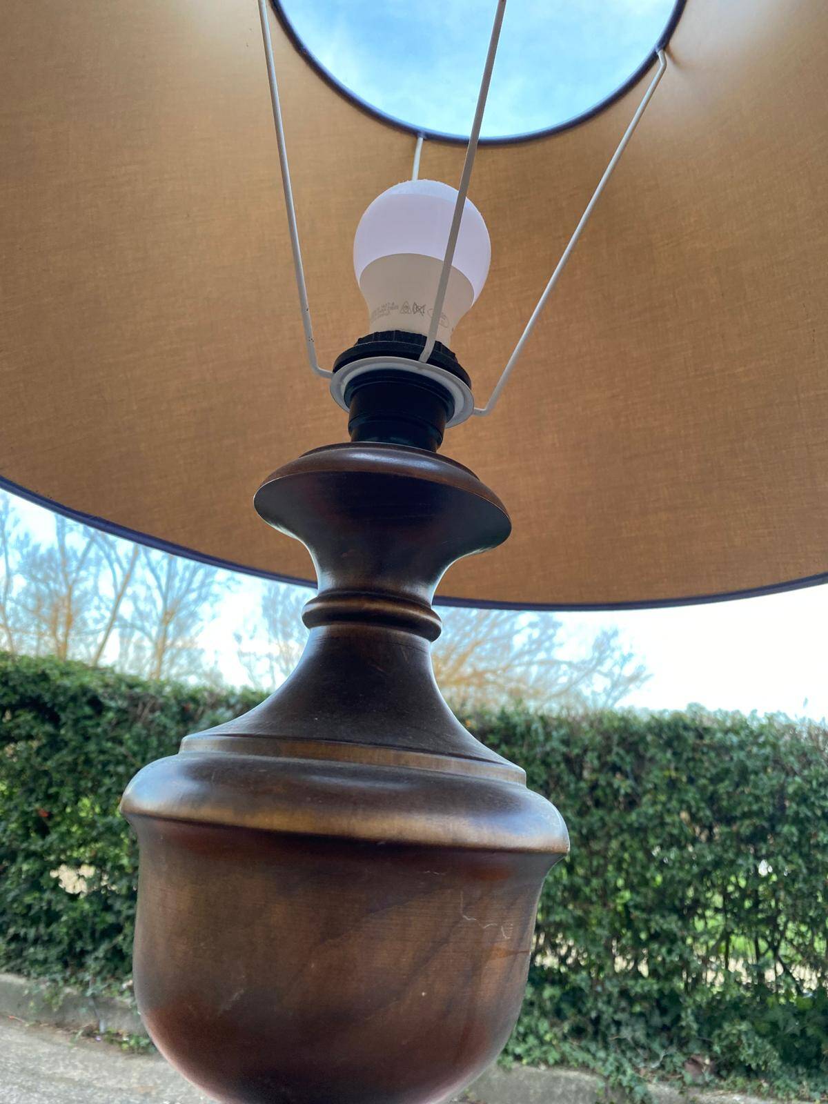 Vintage wooden bedside or table lamp with sky blue lampshade