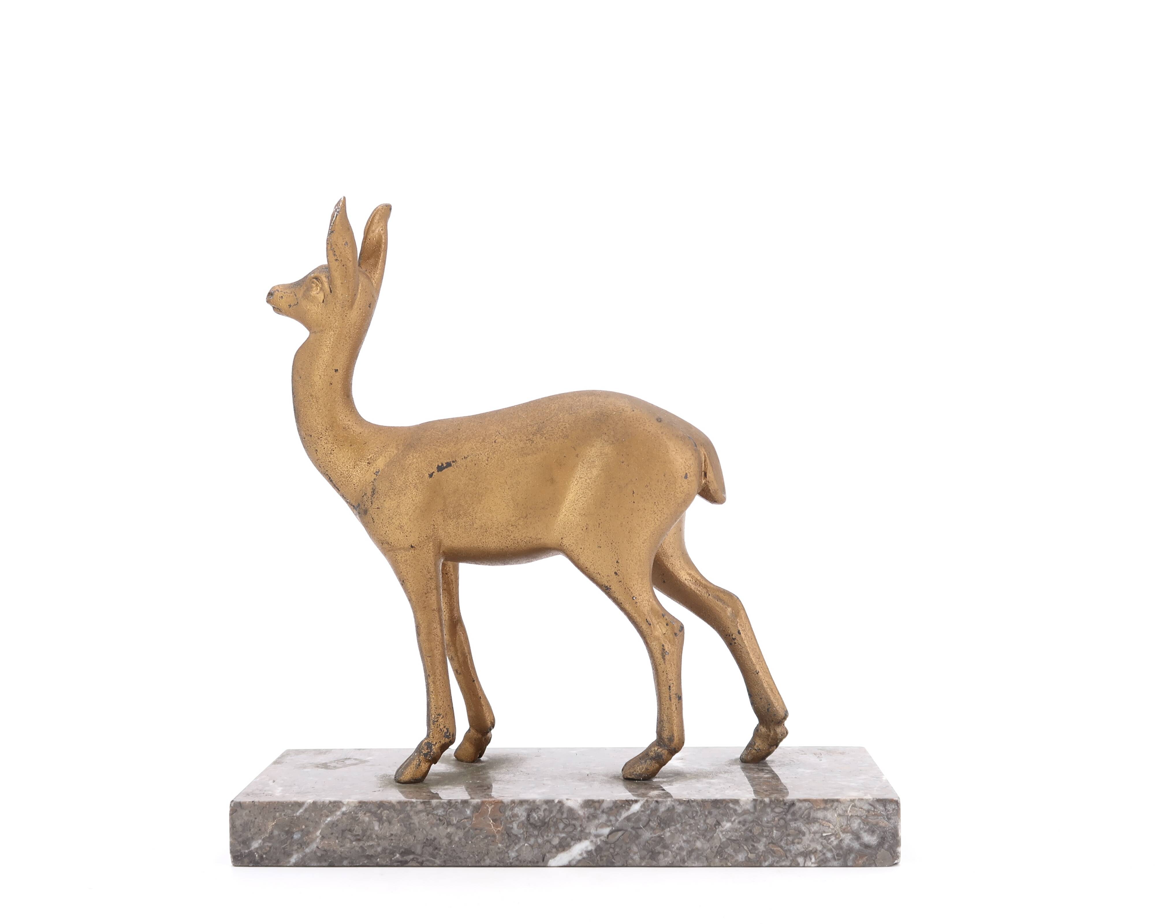 Art Deco gilded doe sculpture on marble base