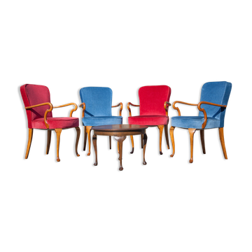 English lounge 4 armchairs and a coffee table Queen Anne armchairs blue and red fabric