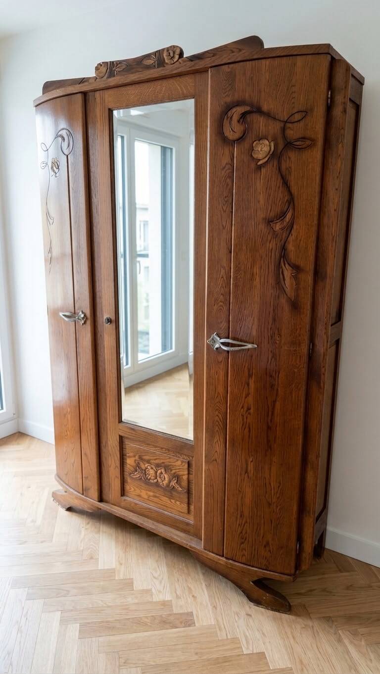 Antique Art Deco wardrobe in carved wood with mirror