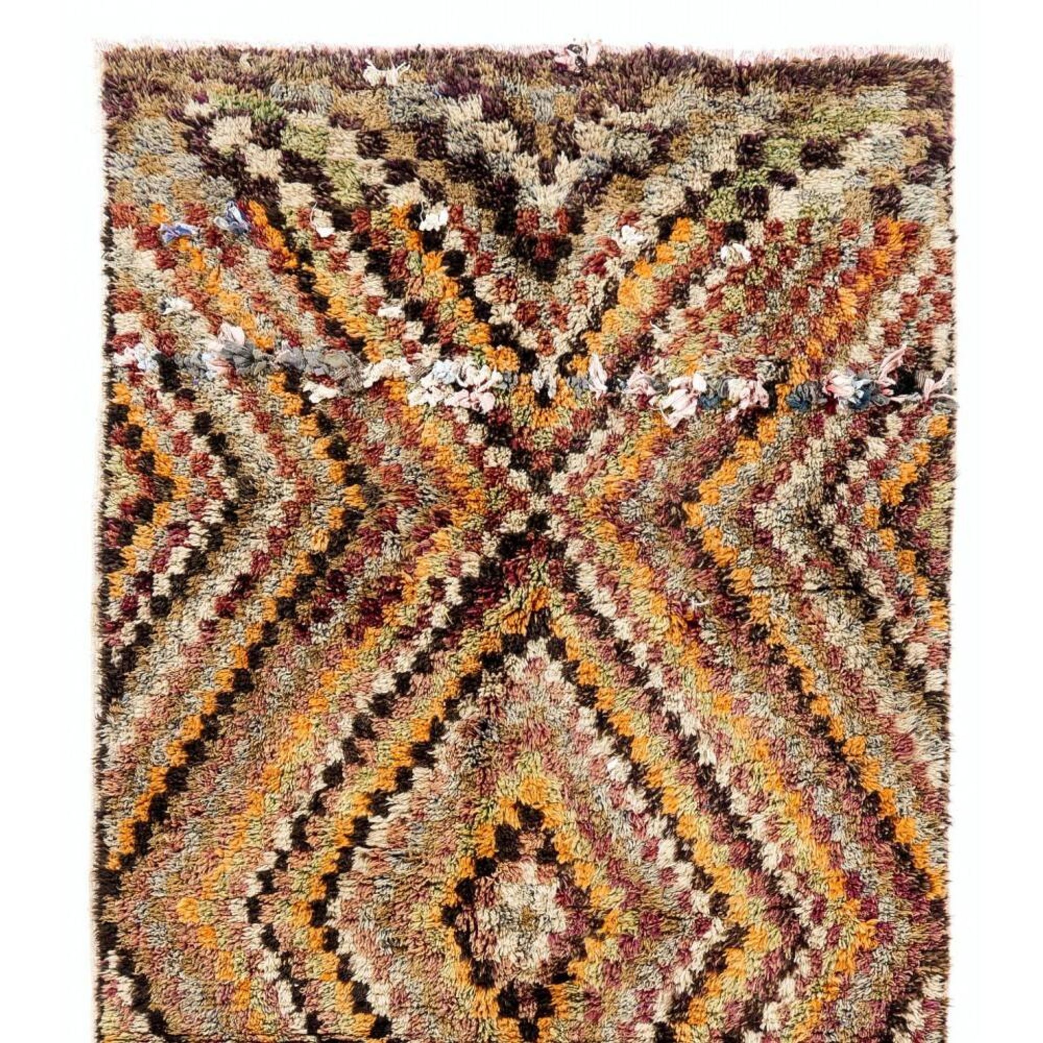 Vintage Hand-Knotted Turkish Tulu Runner Rug with Geometric Diamond Design in Earthy Colors, 100% Wool