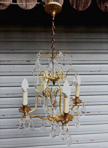 Rare antique cage chandelier in gilded bronze and crystal, 4 lights / WORKING CONDITION GAU?