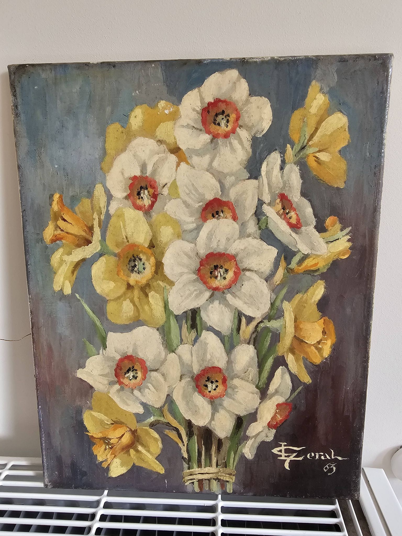 Table Oil on canvas The bouquet of Daffodils (Flowers) signed L Geral