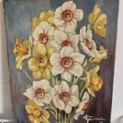 Table Oil on canvas The bouquet of Daffodils (Flowers) signed L Geral