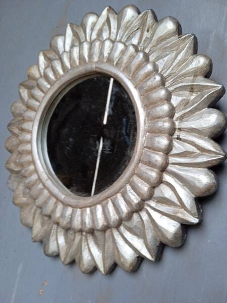 Carved wood sun mirror 40cm silver ep 1960