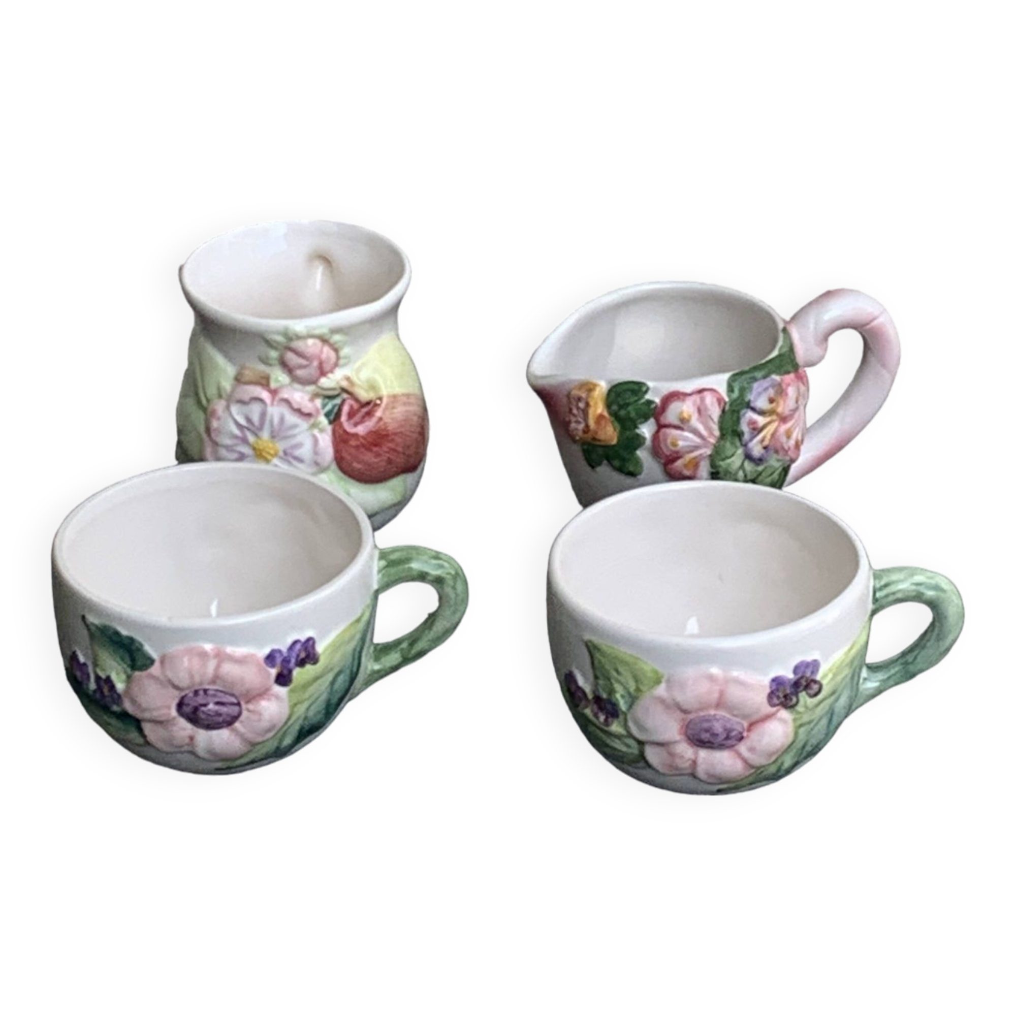 Lunch service in enameled ceramic, slip, white, pink and green, vintage