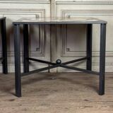 Pair of marble and metal tables, marble marquetry compass rose, circa 1990