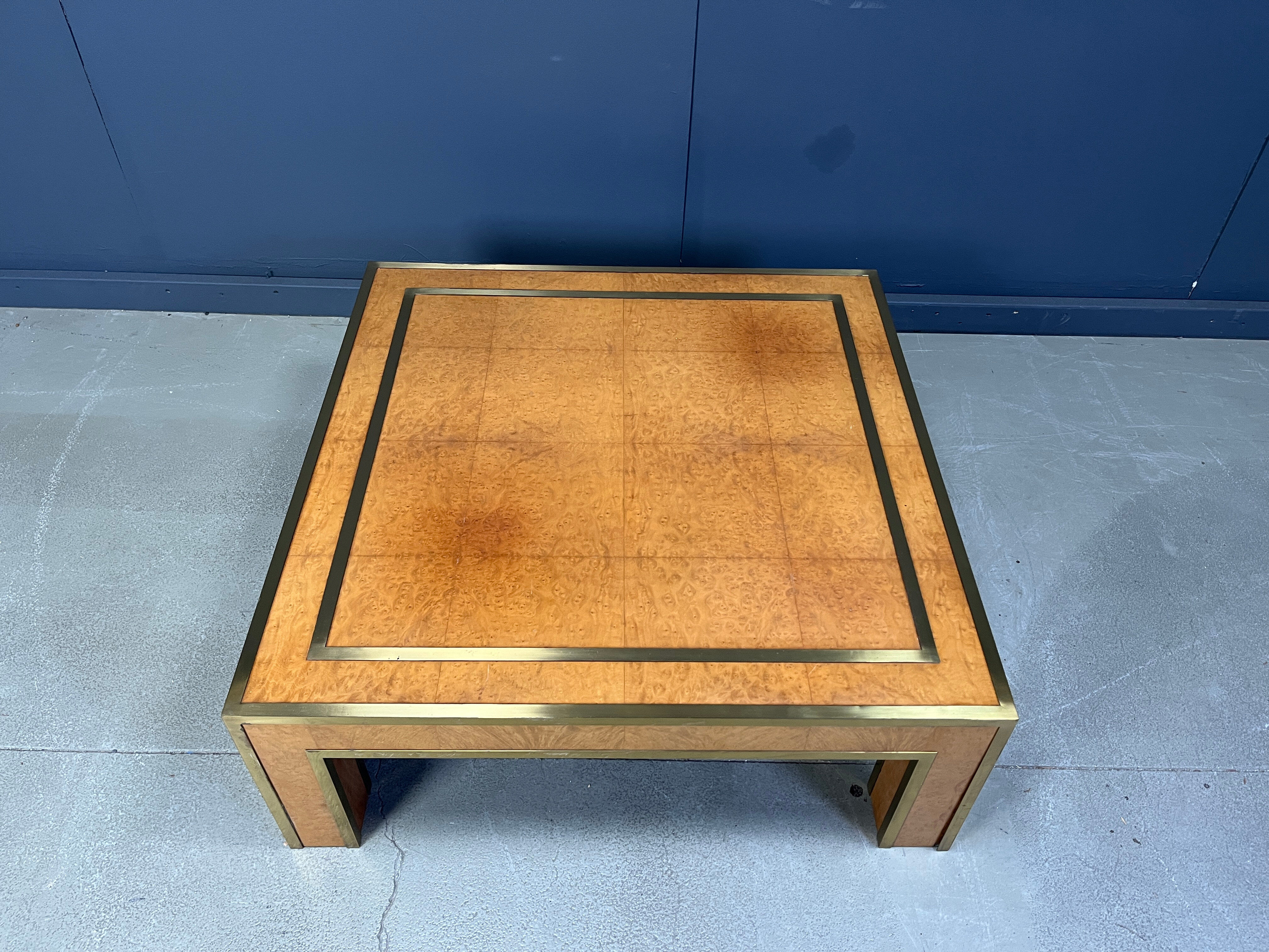 Brass and burl wood coffee table by Jean Claude Mahey, 1970s