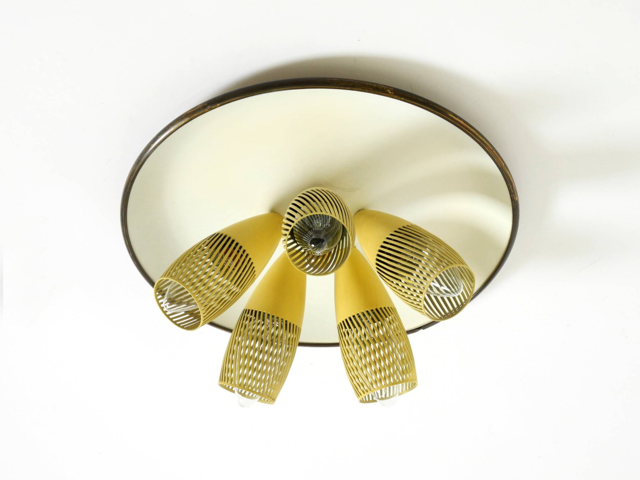 Very rare 5-arm mid-century modern metal bag ceiling lamp with round white