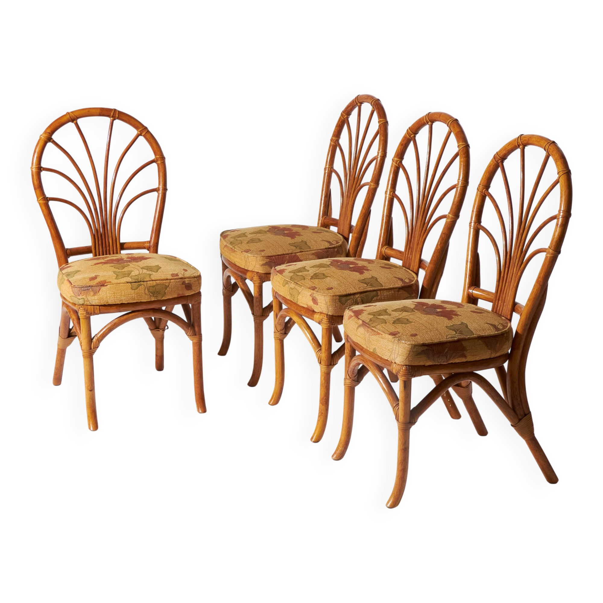 Set of 4 rattan and floral fabric chairs