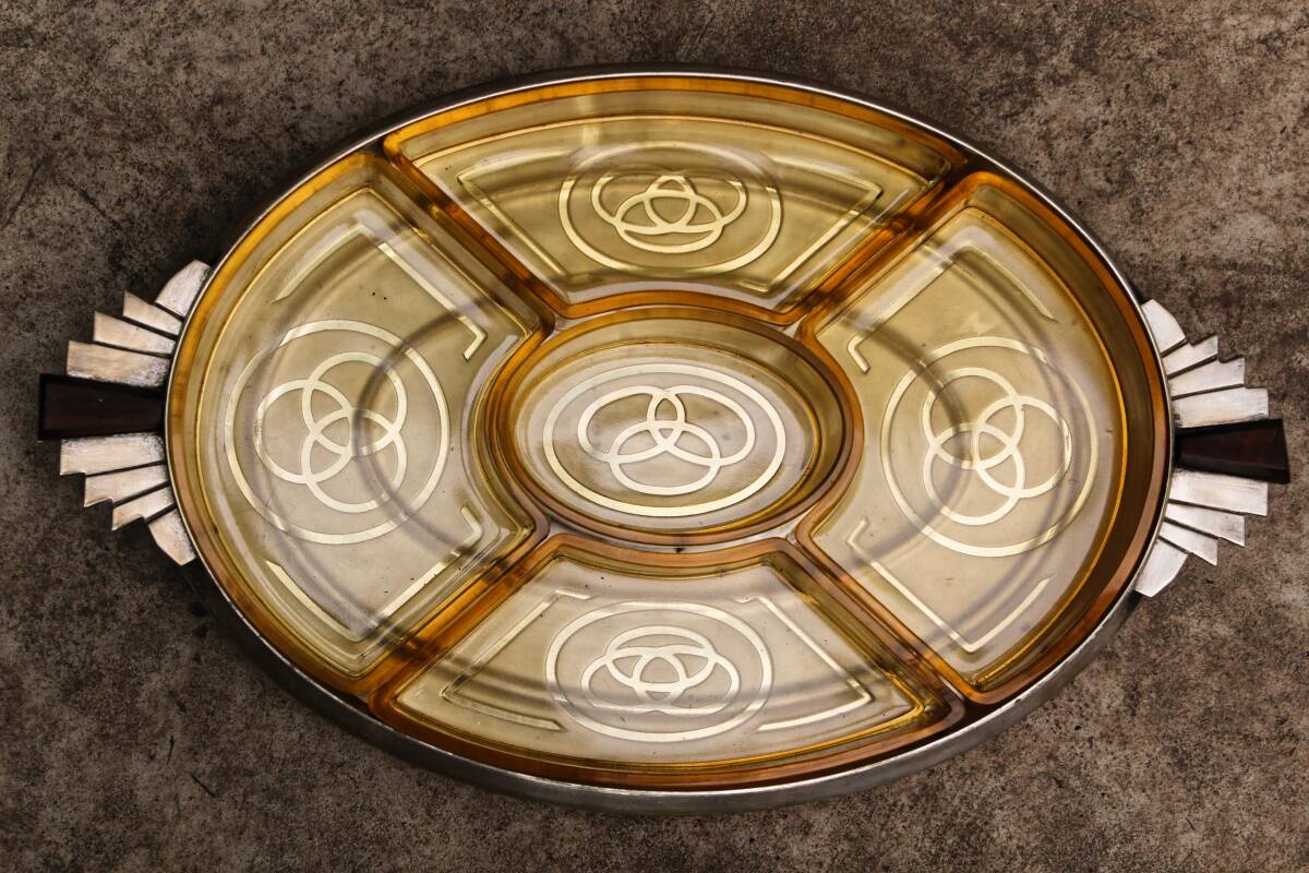 Art deco hors d'oeuvres server, silver metal, mahogany, glass