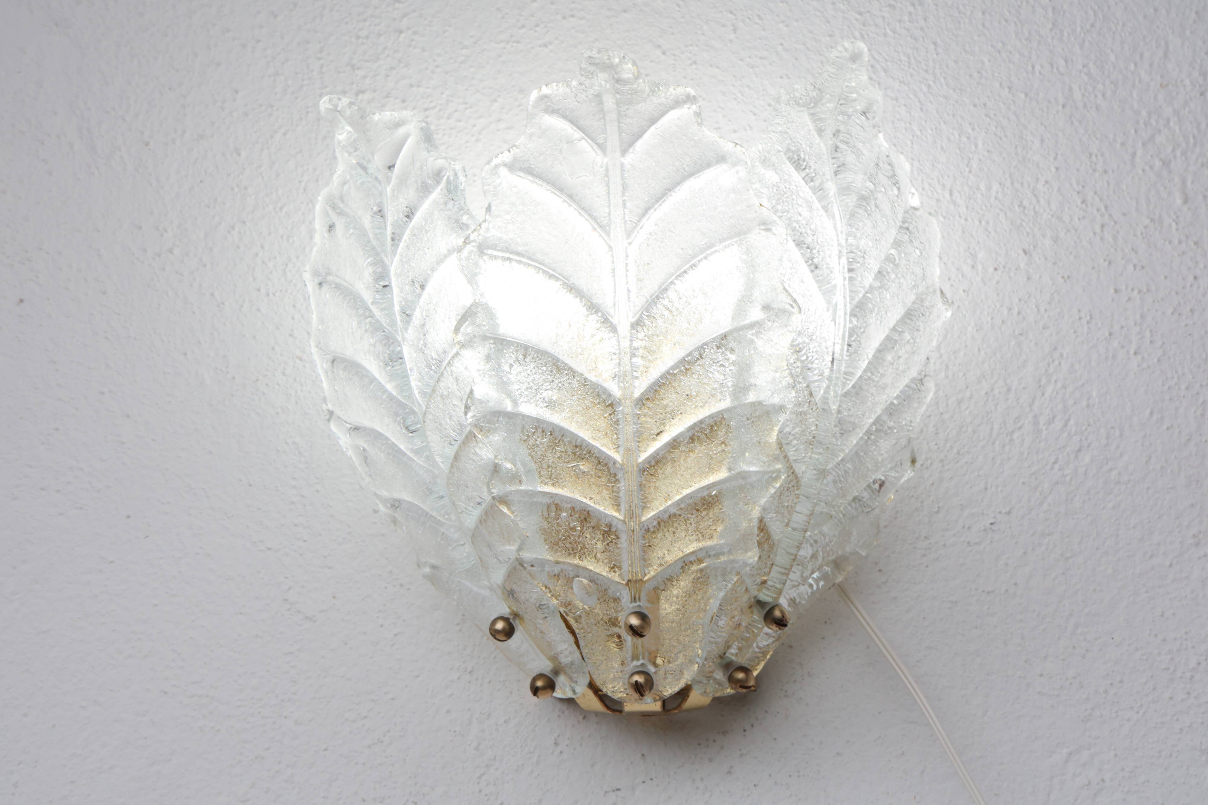 Set of 2 Taormina, Elegant Murano Wall Light Transparent Leaves, 1970
