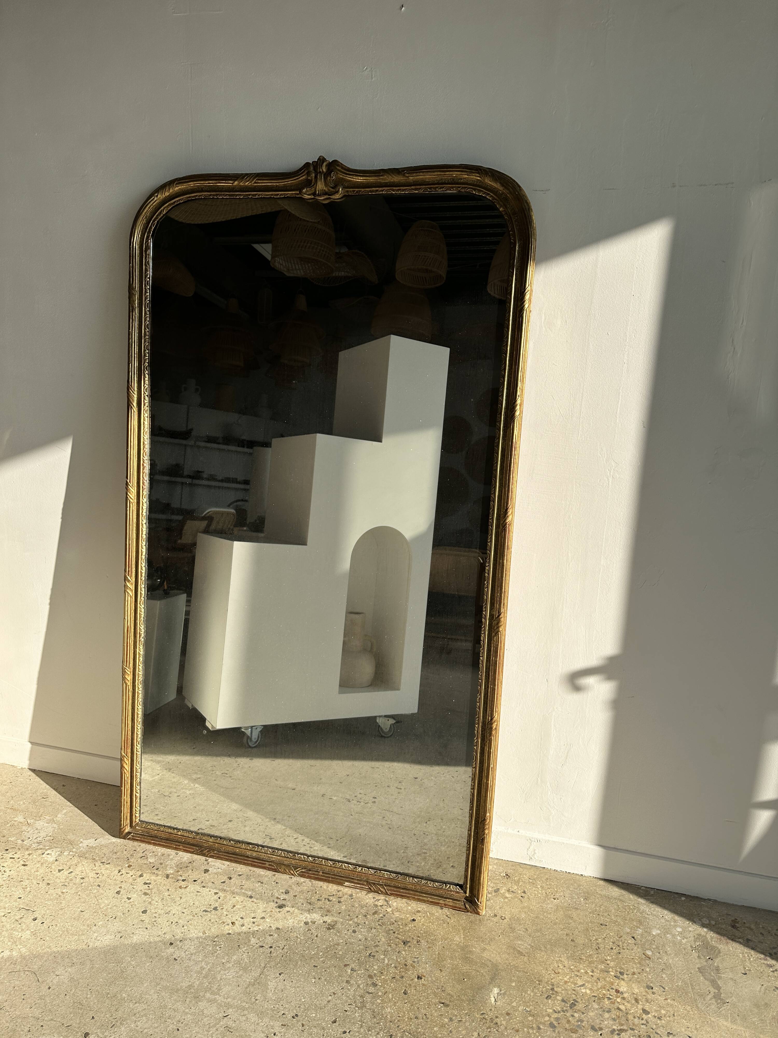 Large gilded mirror 19th century rounded corners mercury glass Louis XVI style