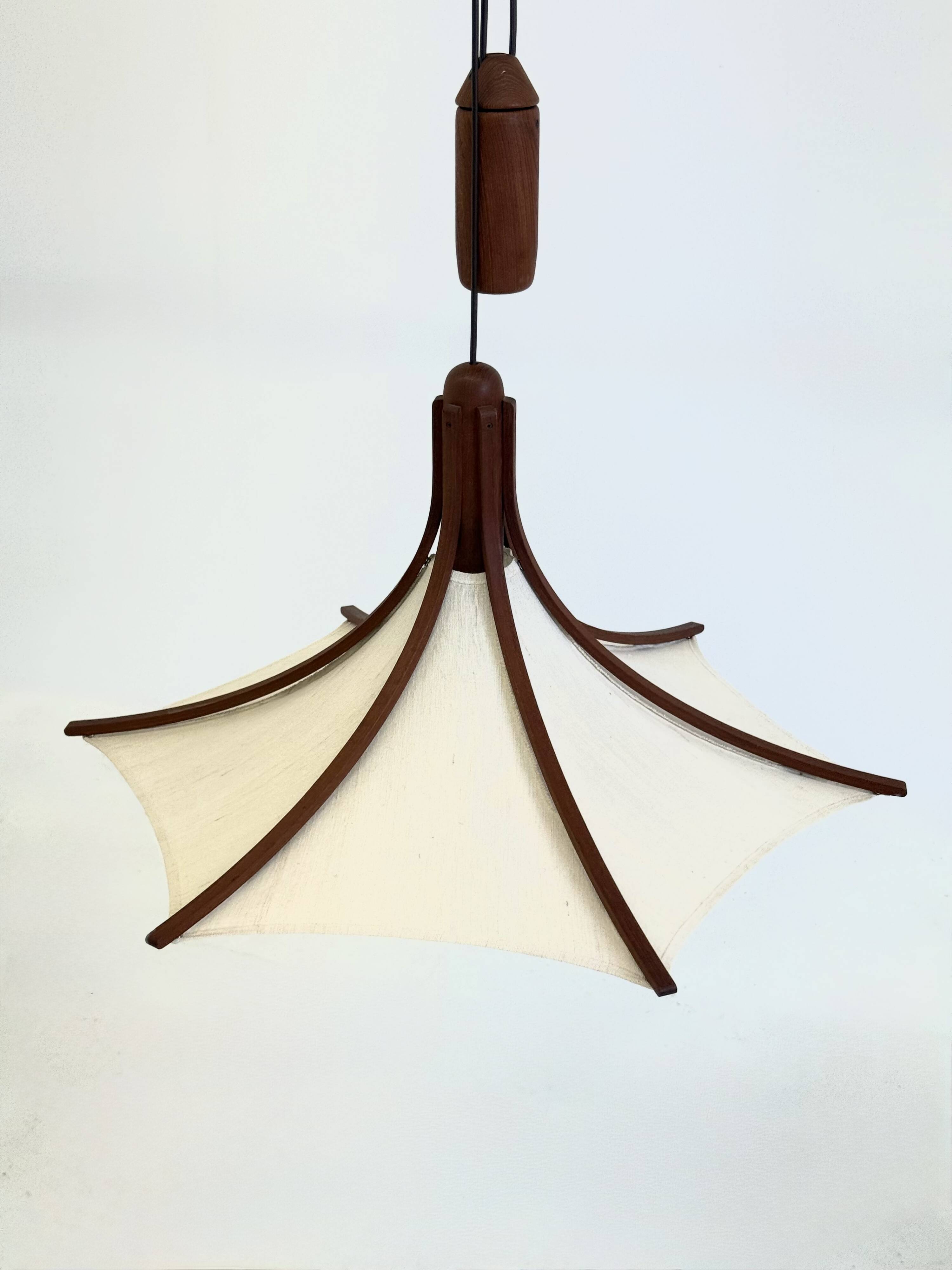 Mid-century teak pendant lamp from Domus with linen shade