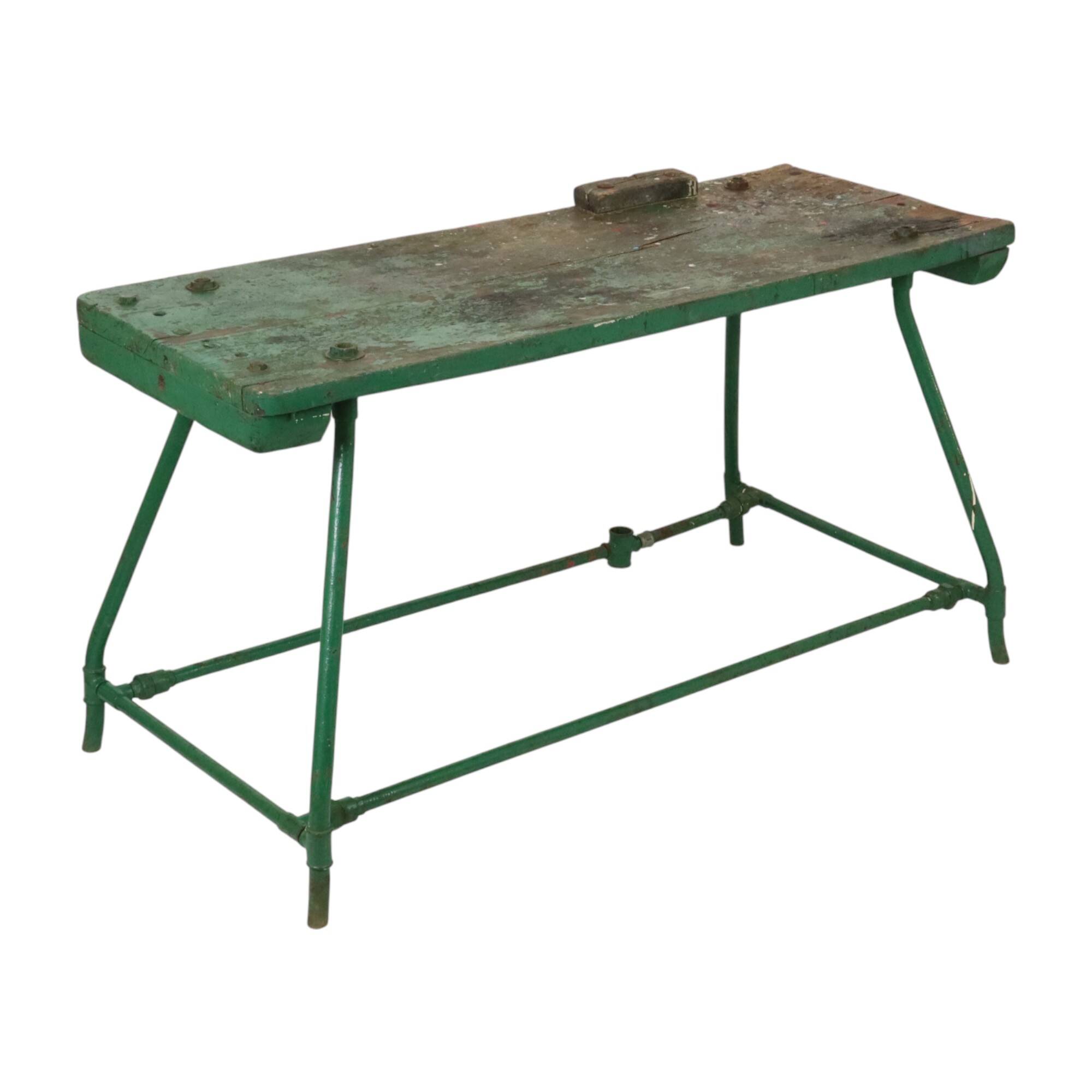 Unique Green Industrial Workbench Work Table Wood Metal 160cm