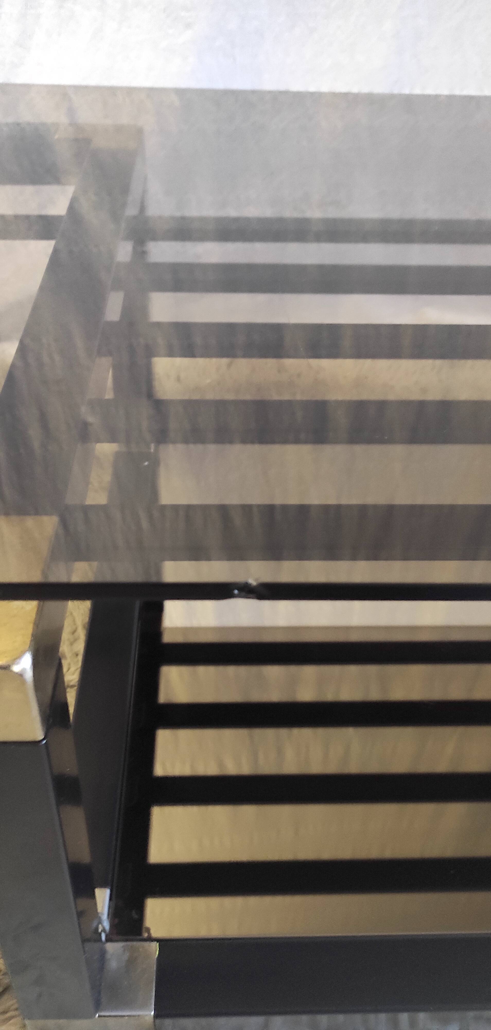 Designer coffee table in metal and smoked glass, 70s-80s