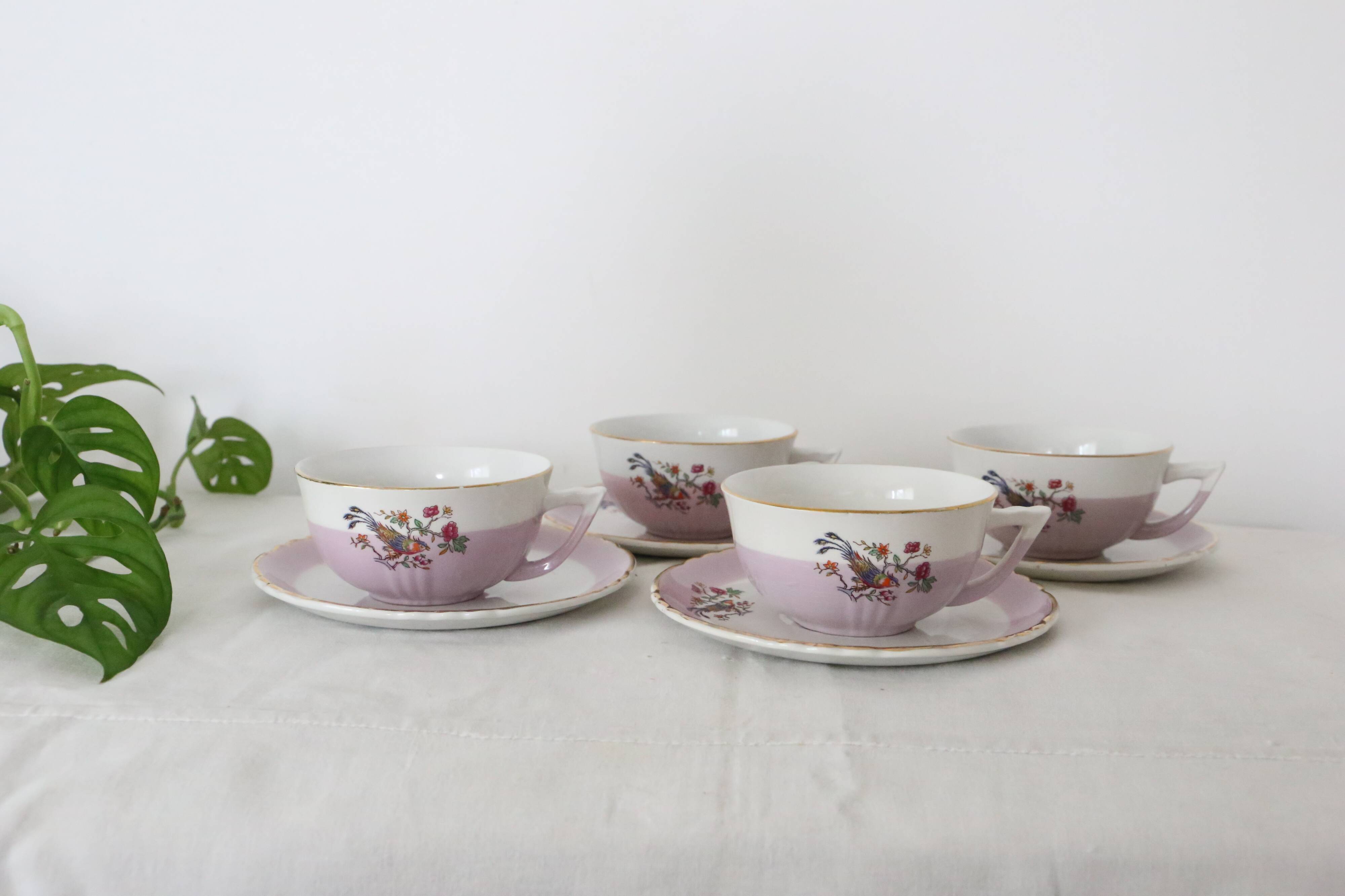 Set of 4 cups and sub-cups Moulin des Loups, vintage