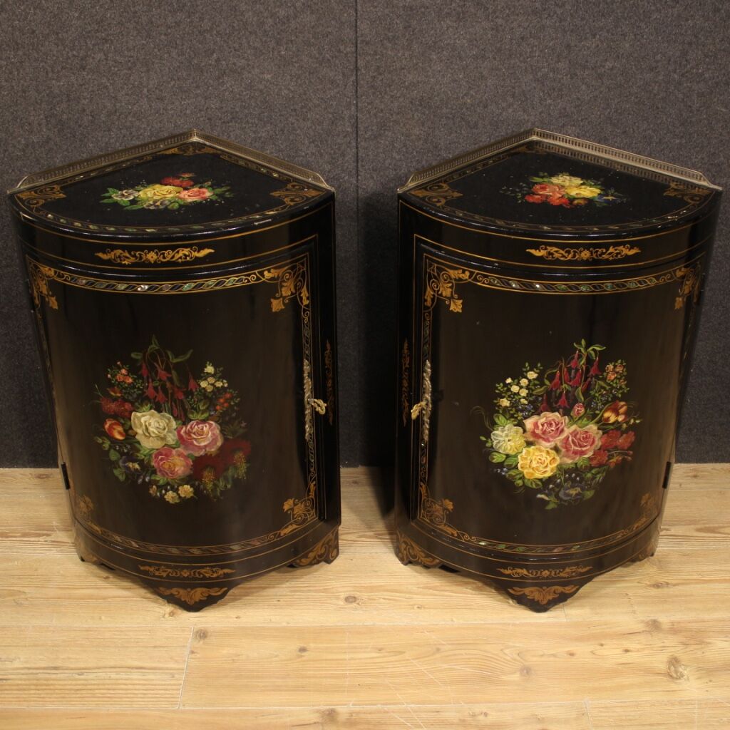 Pair of lacquered and painted French corner cabinets