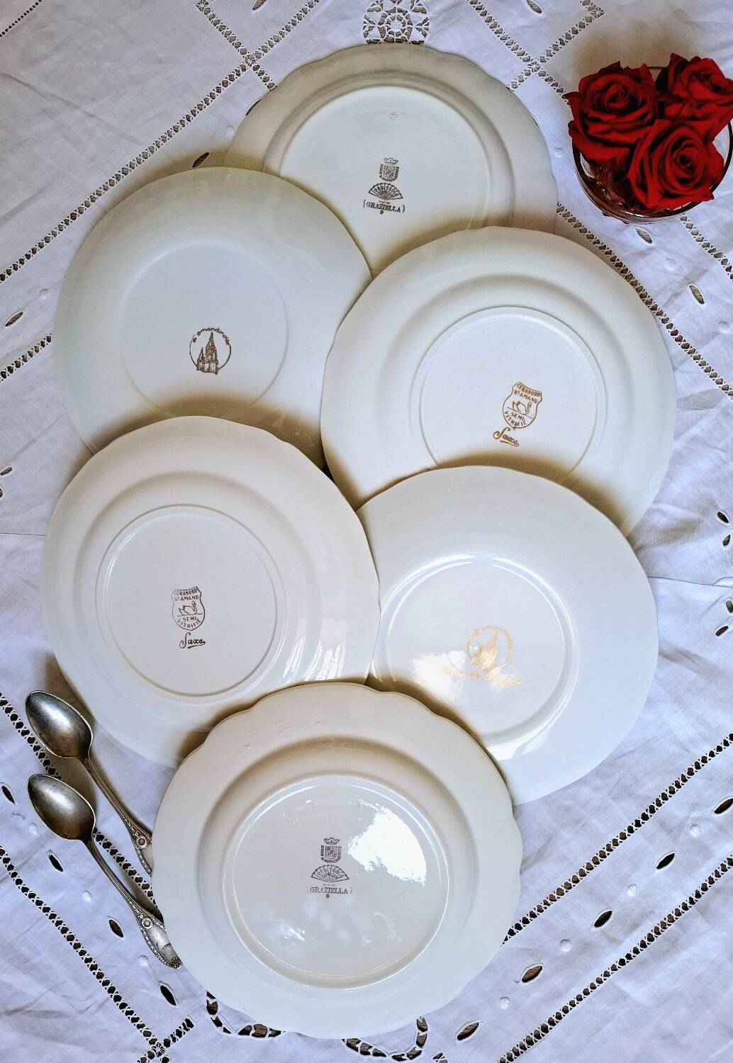 Old mismatched earthenware dessert plates
