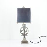 Neoclassical table lamp in brushed metal, in the style of Maison Charles