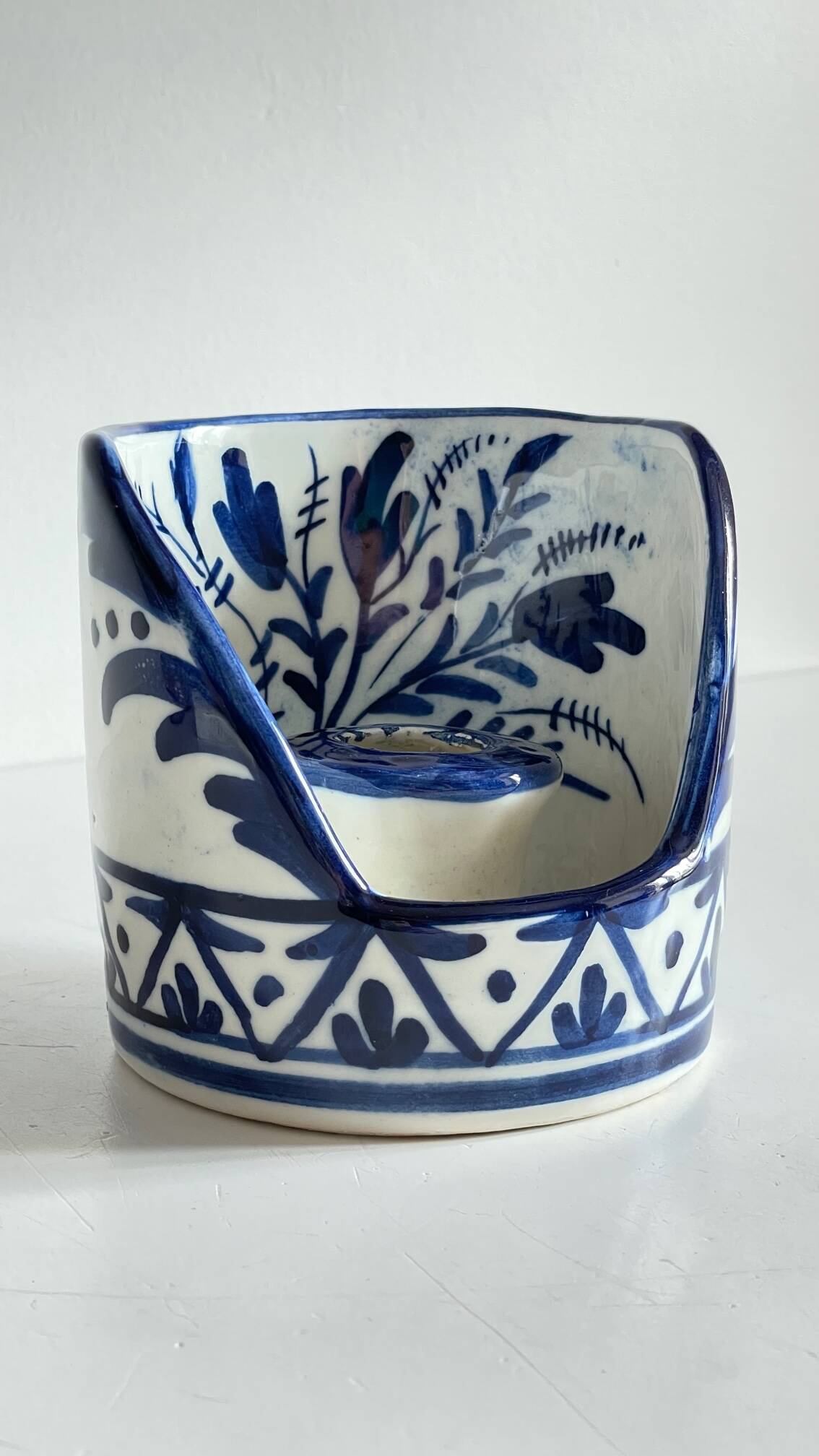 Blue ceramic hand candle holder vintage craft