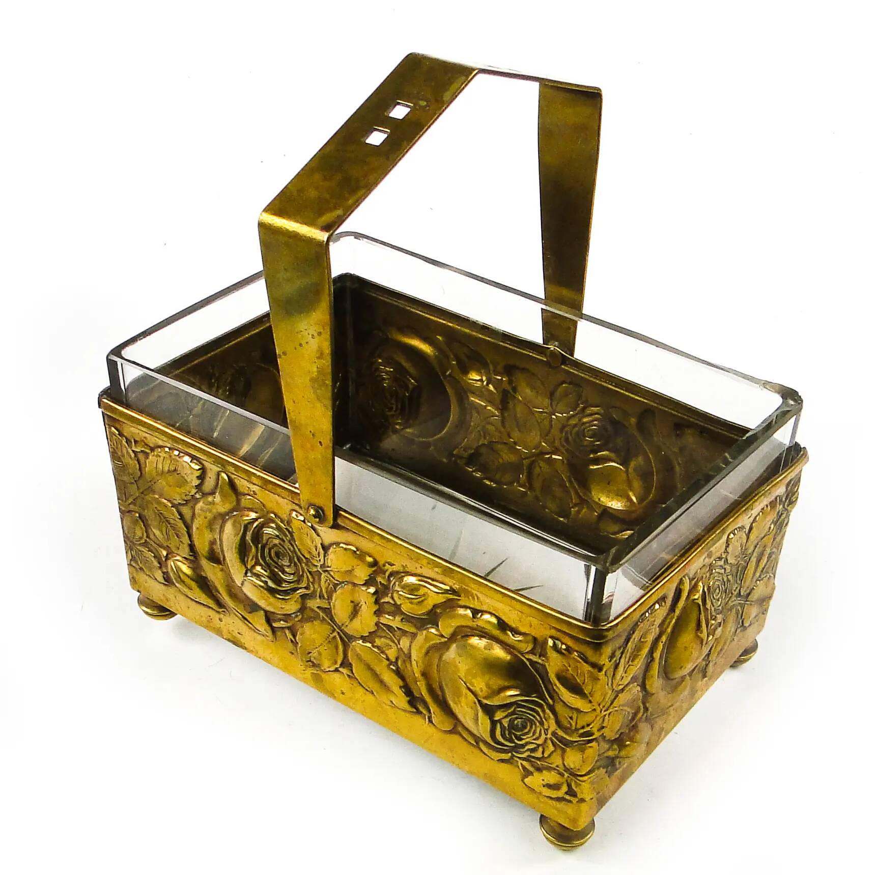 Panier à noix et fruits Art Déco, en laiton, cristal, Allemagne, années 1930
