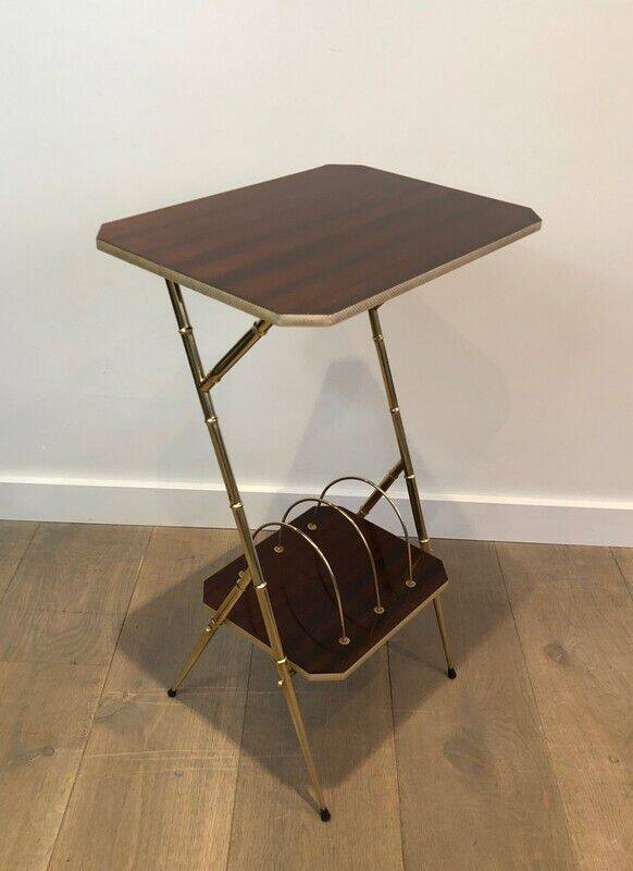 Mahogany and gold metal stool in faux-bamboo style.