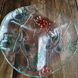 Plat rond vintage 3 compartiments en verre opaque décor coloré raisins et feuilles de vigne