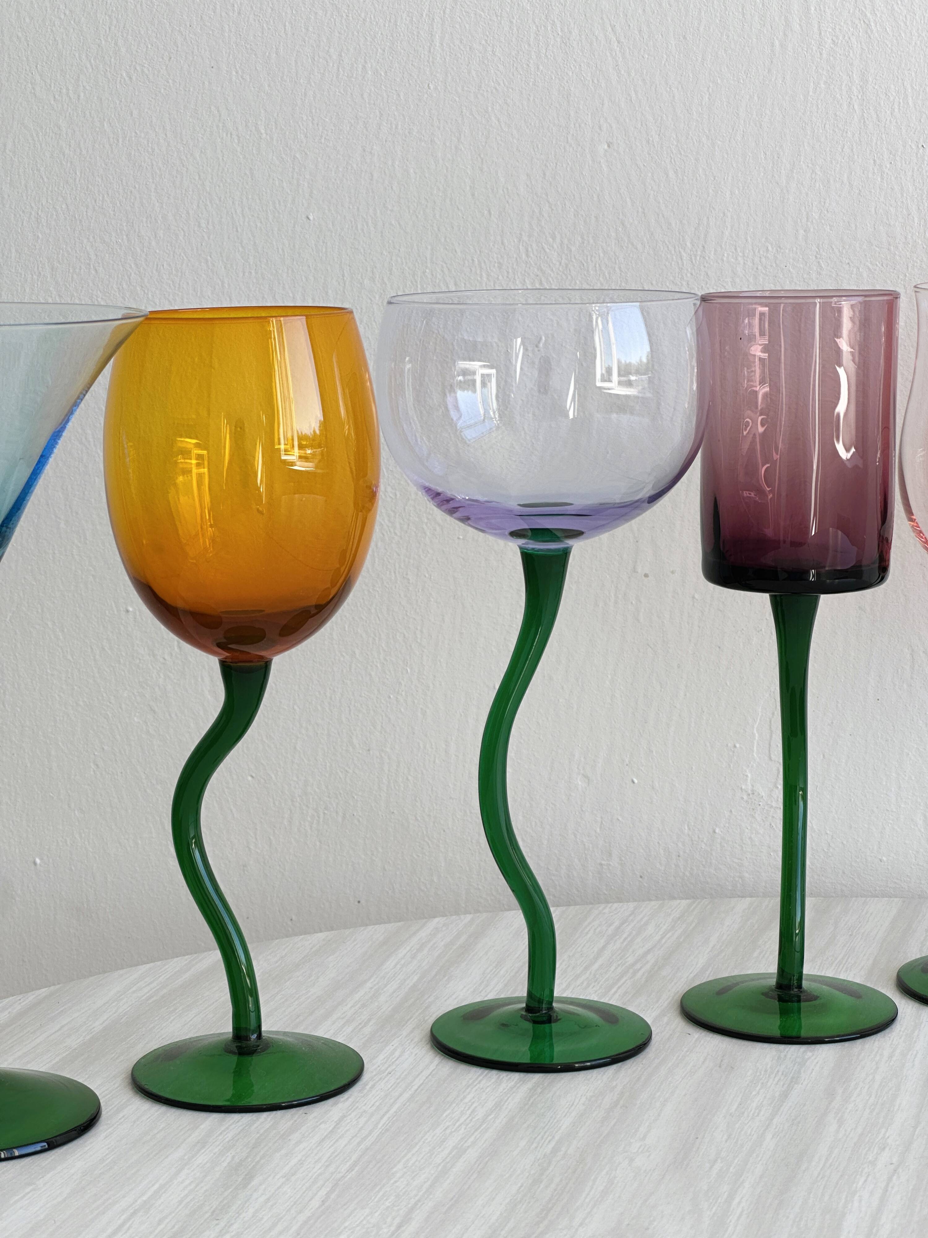 6 colored glasses with twisted feet