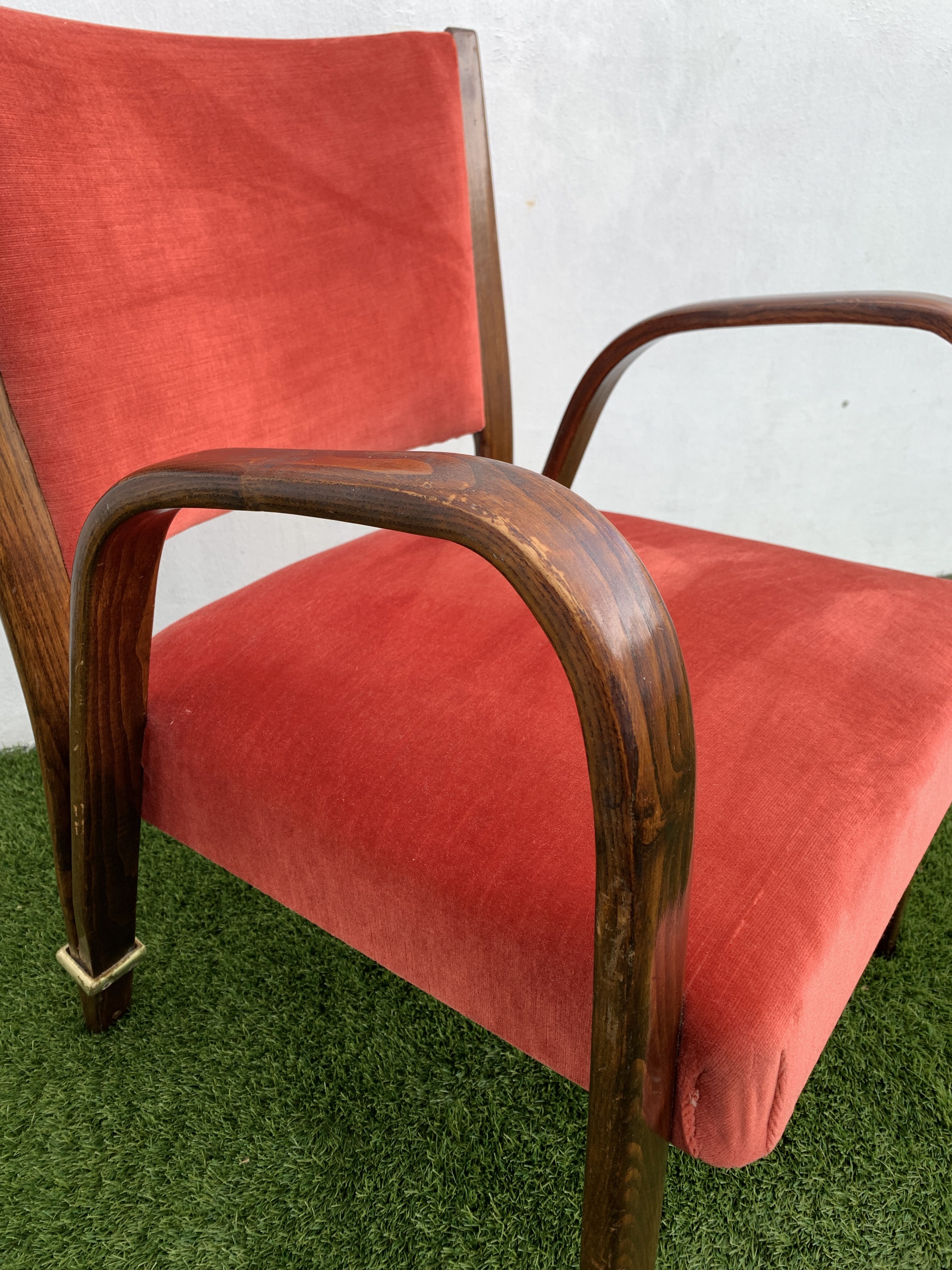 Hugues Steiner armchair, bow-wood model, curved wood and velvet, 1950