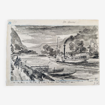 Encre et lavis d'encre sur papier - Du Rhin au Danube, le bateau Jacques Boullaire (1893-1976) -