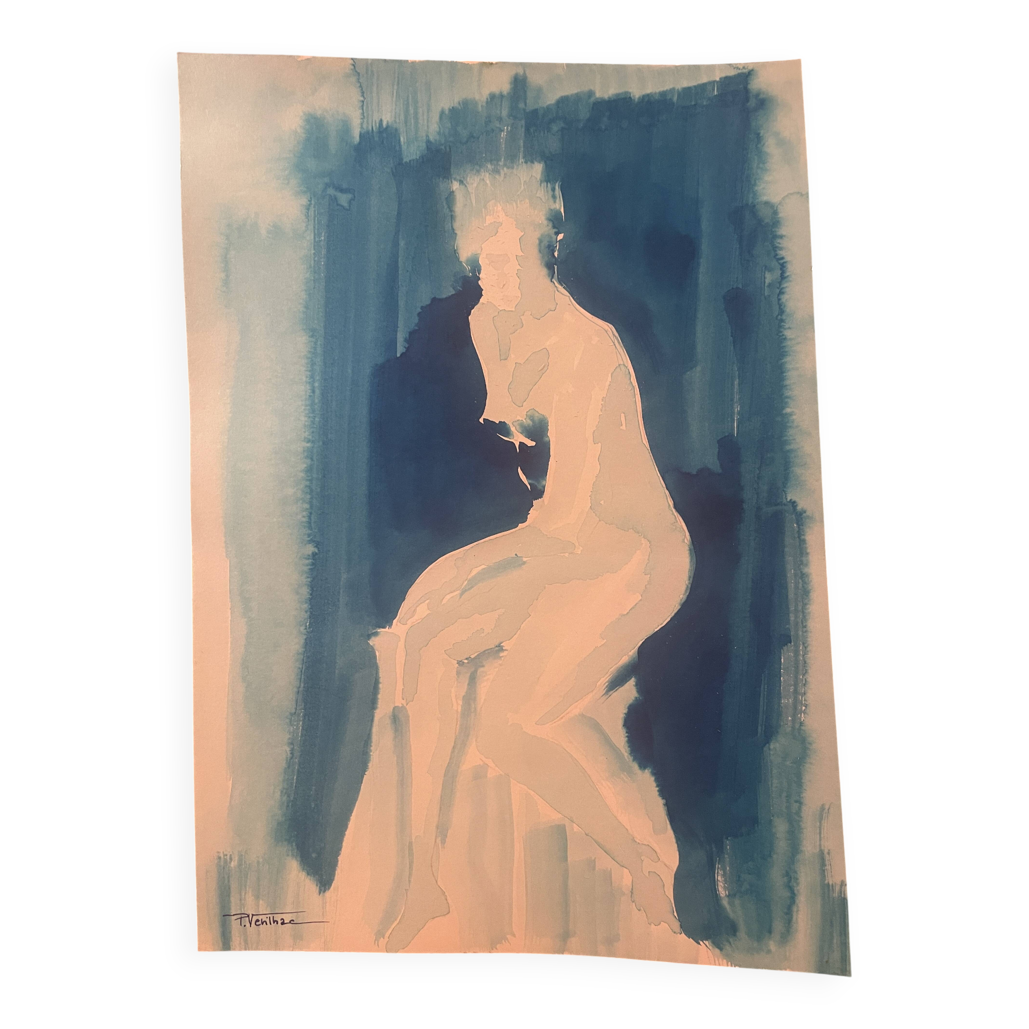 Monochrome blue watercolour tableau collection "blue lady" the pose, signed.