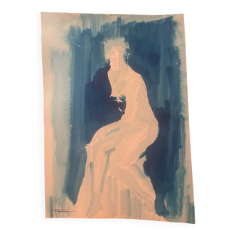 Monochrome blue watercolour tableau collection "blue lady" the pose, signed.