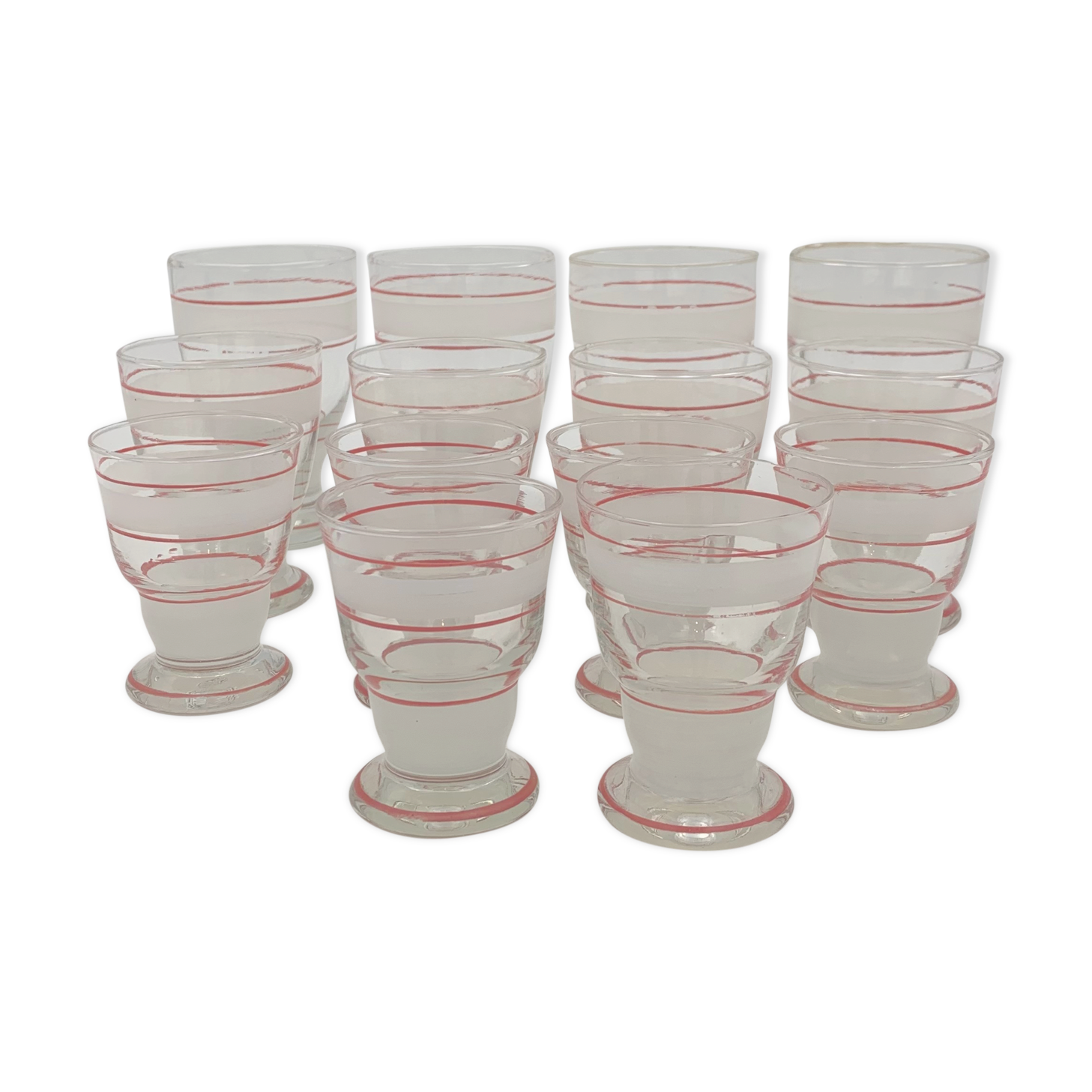 Set of 14 vintage glasses, 3 different sizes, white and red decorations - 1950s