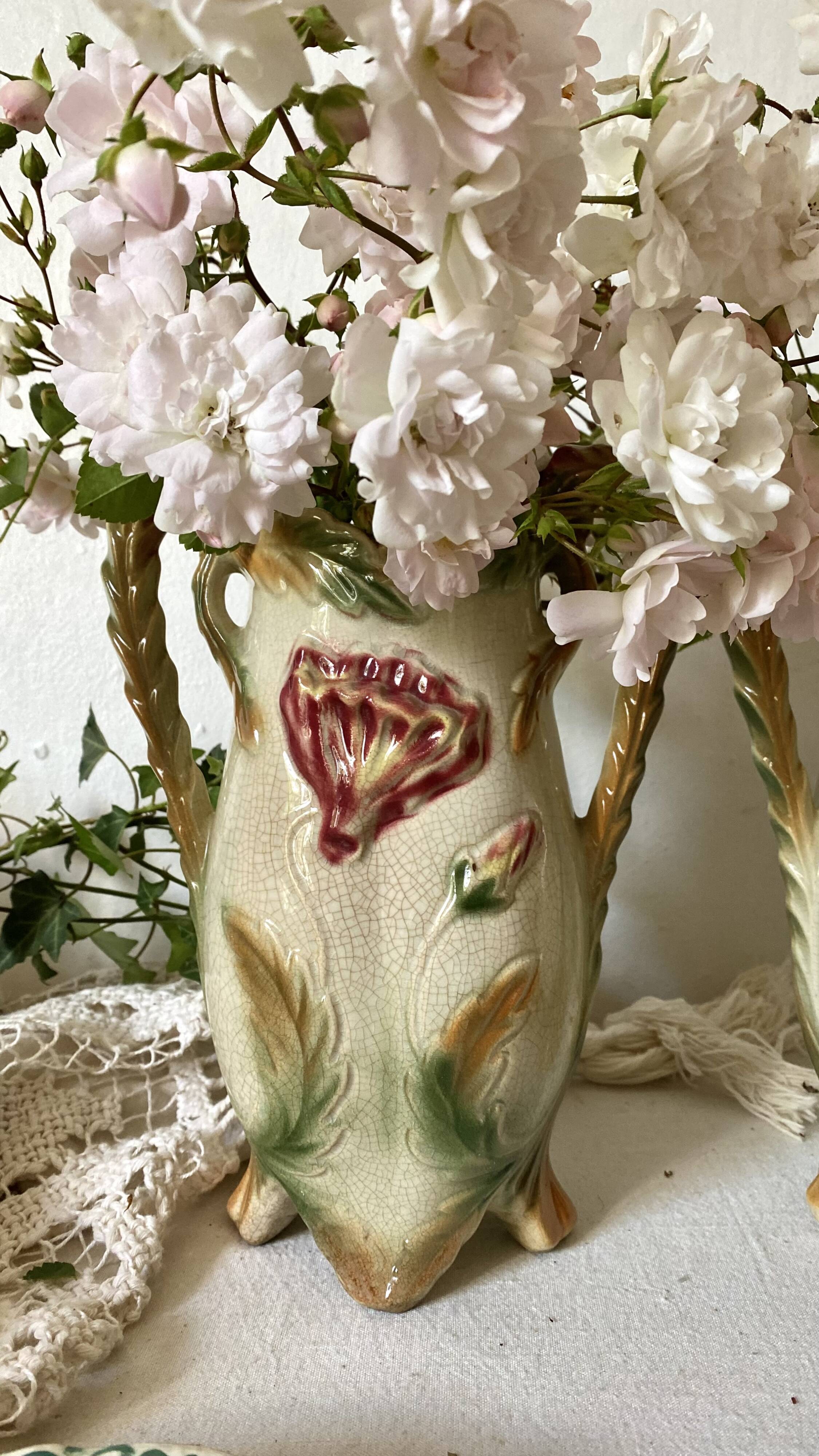 Pair of slipware vases, art nouveau fireplace decoration