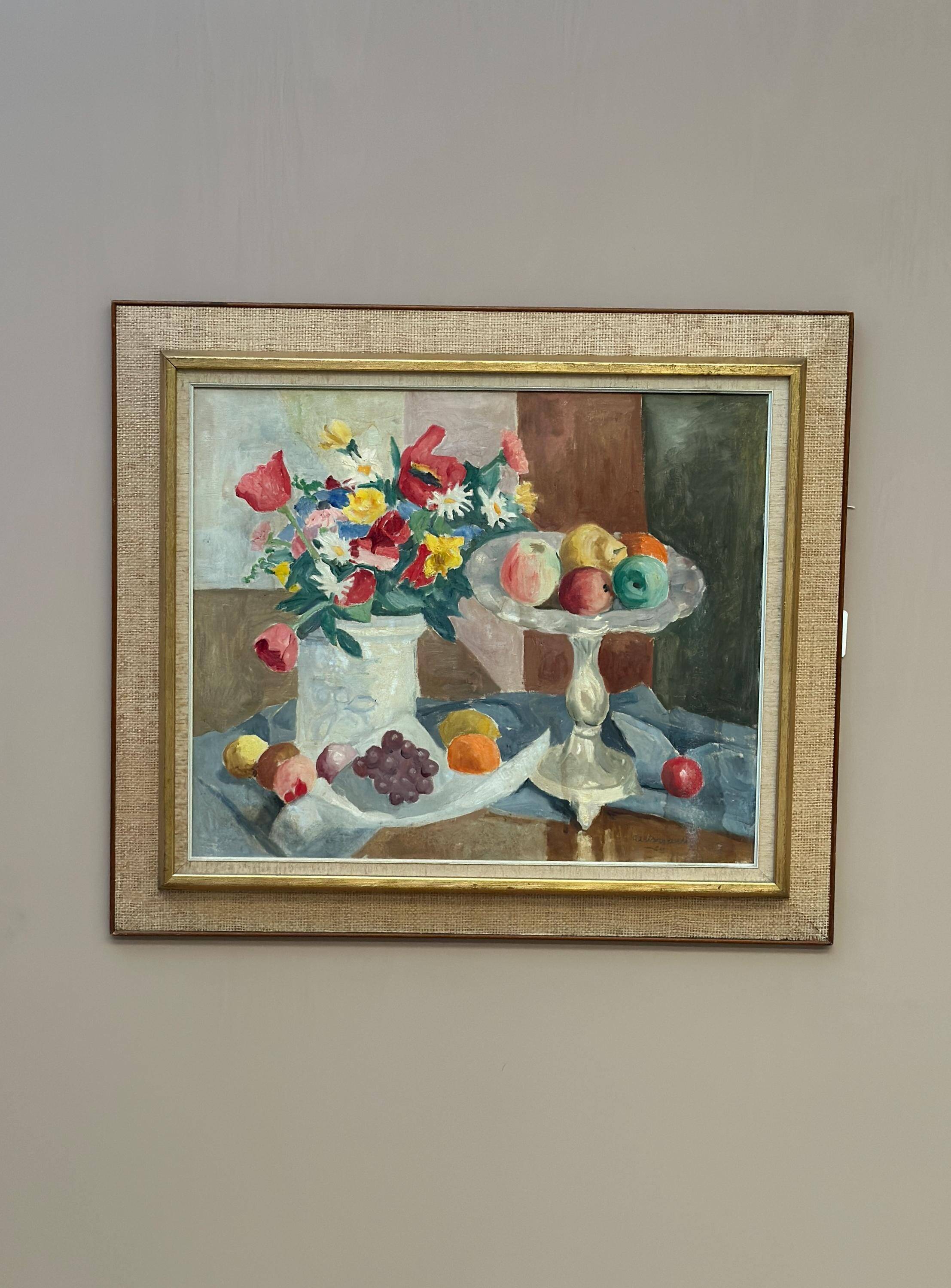 Original Swedish Oil on Canvas – "Flowers and Fruit by Ellis Wallin"