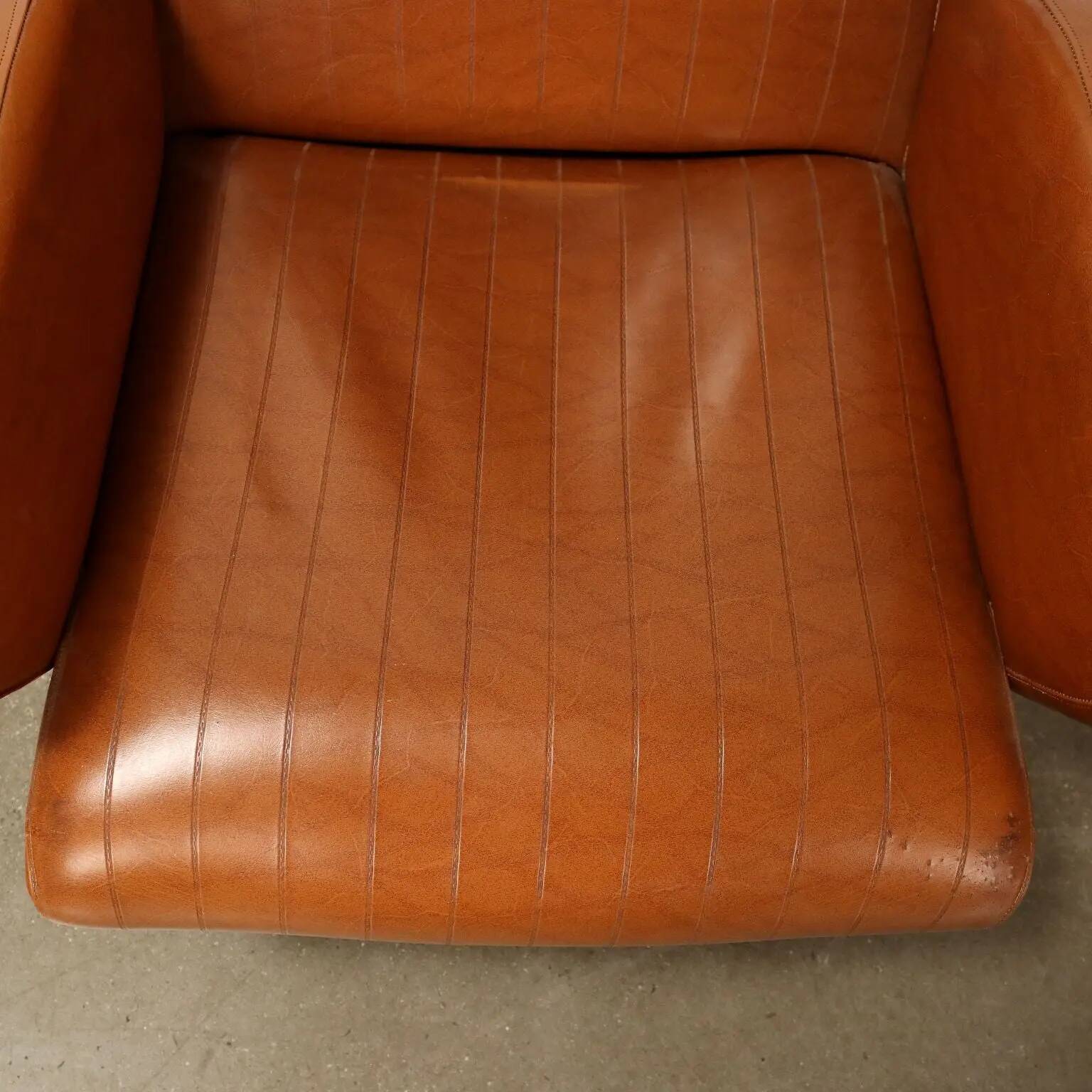 Small vintage armchair in faux leather, metal and brass, 1950s-1960s design.
