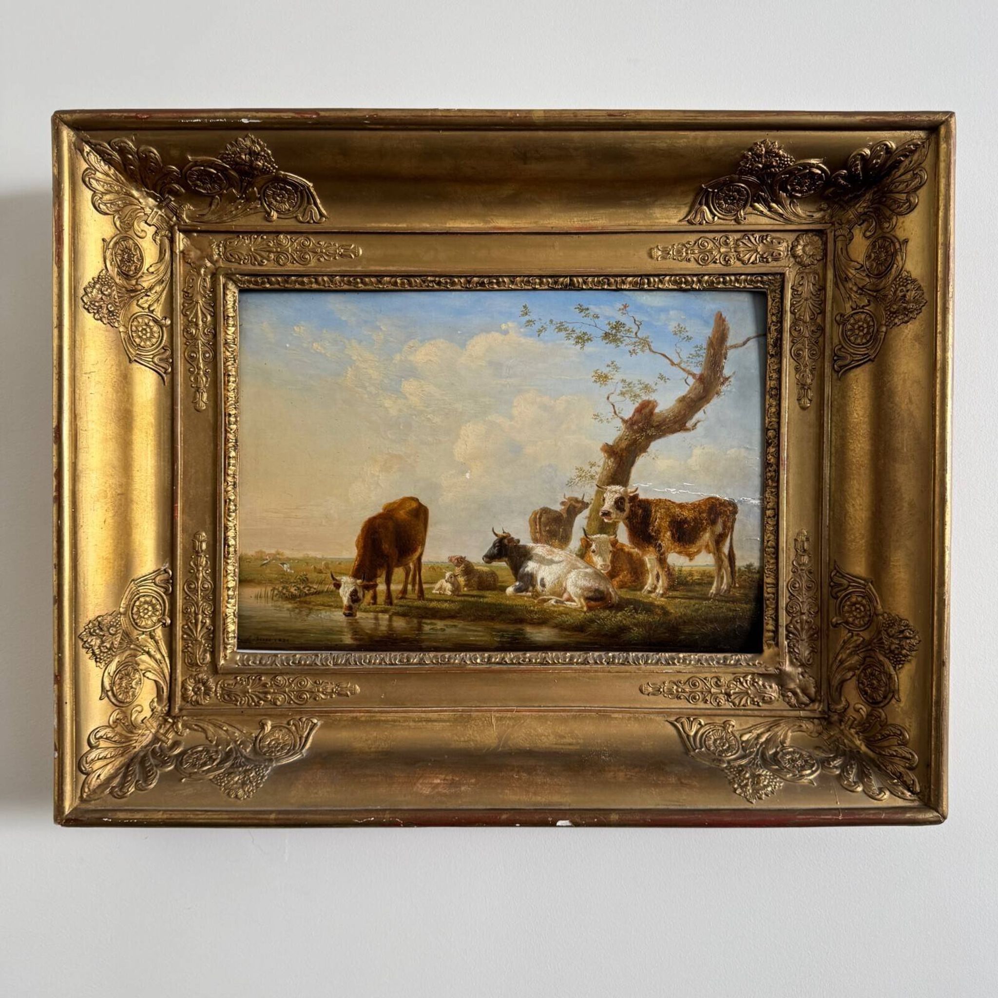 Oil on panel cows drinking by Jean-Baptiste Berré 1830