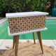 Beautiful vintage bedside table with tapered legs, Scandinavian/pop style in raw white.