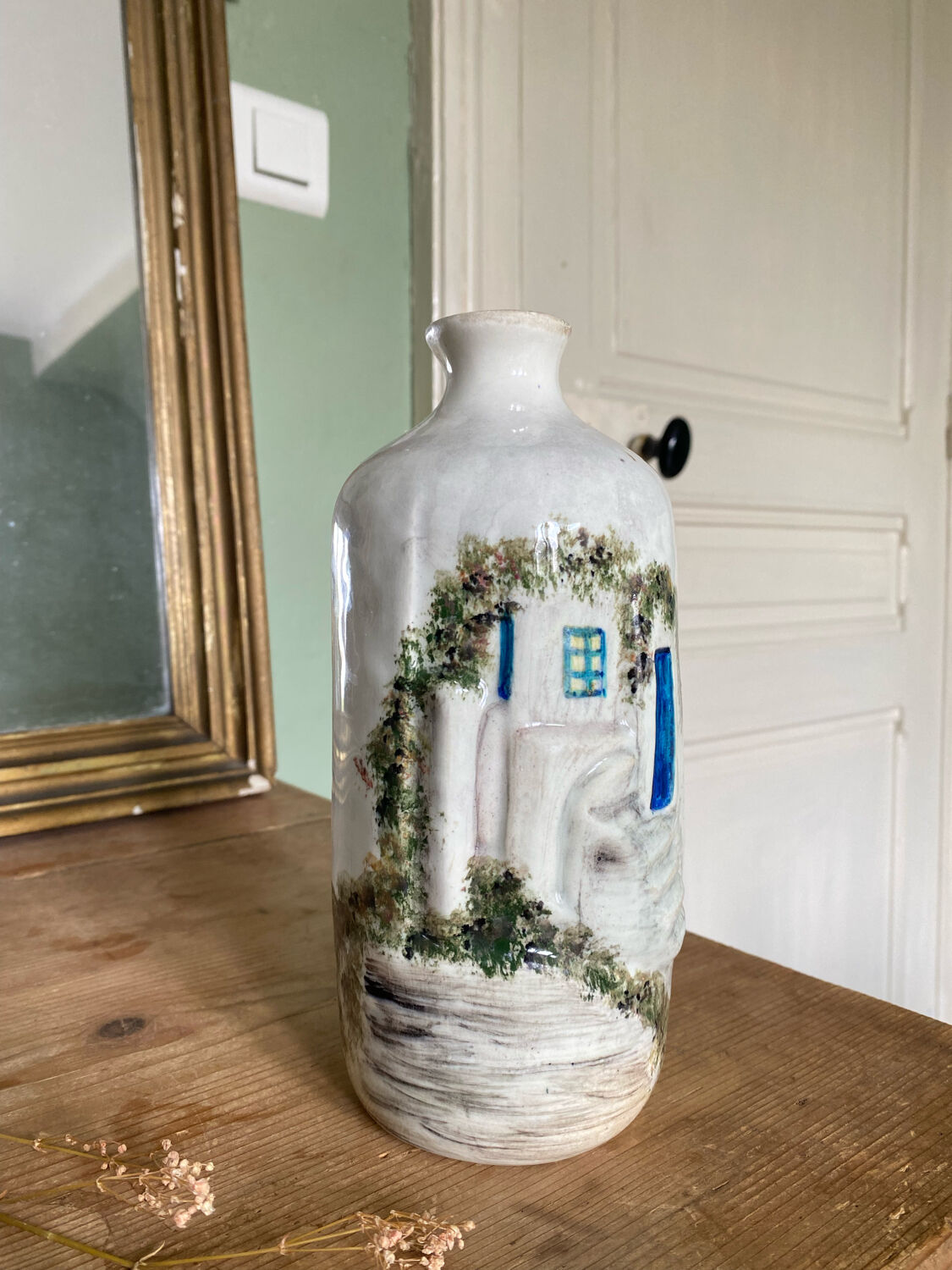 Handcrafted ceramic vase village scene Crete 70s