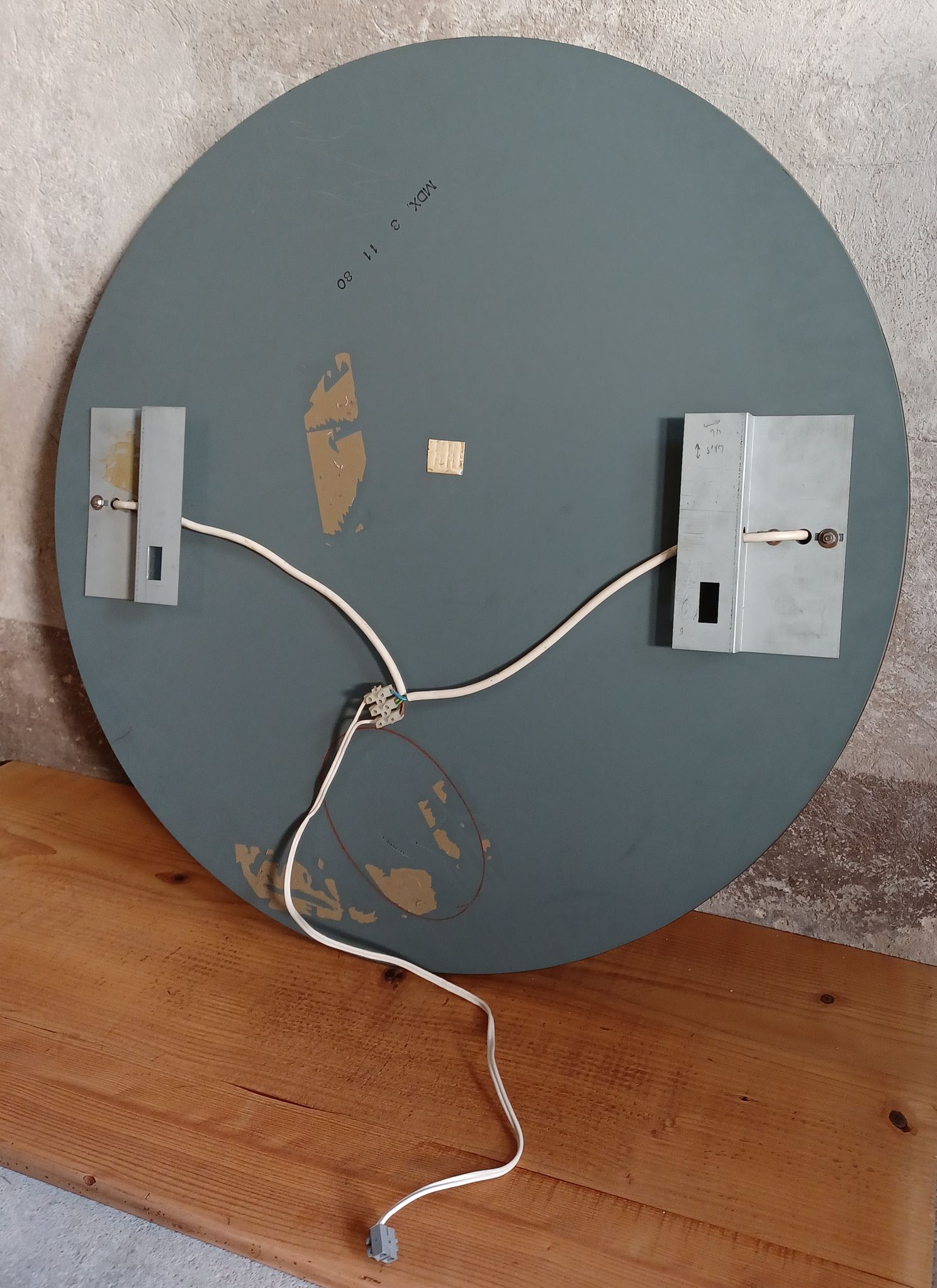 Round mirror 70s smoked glass, 2 appliques