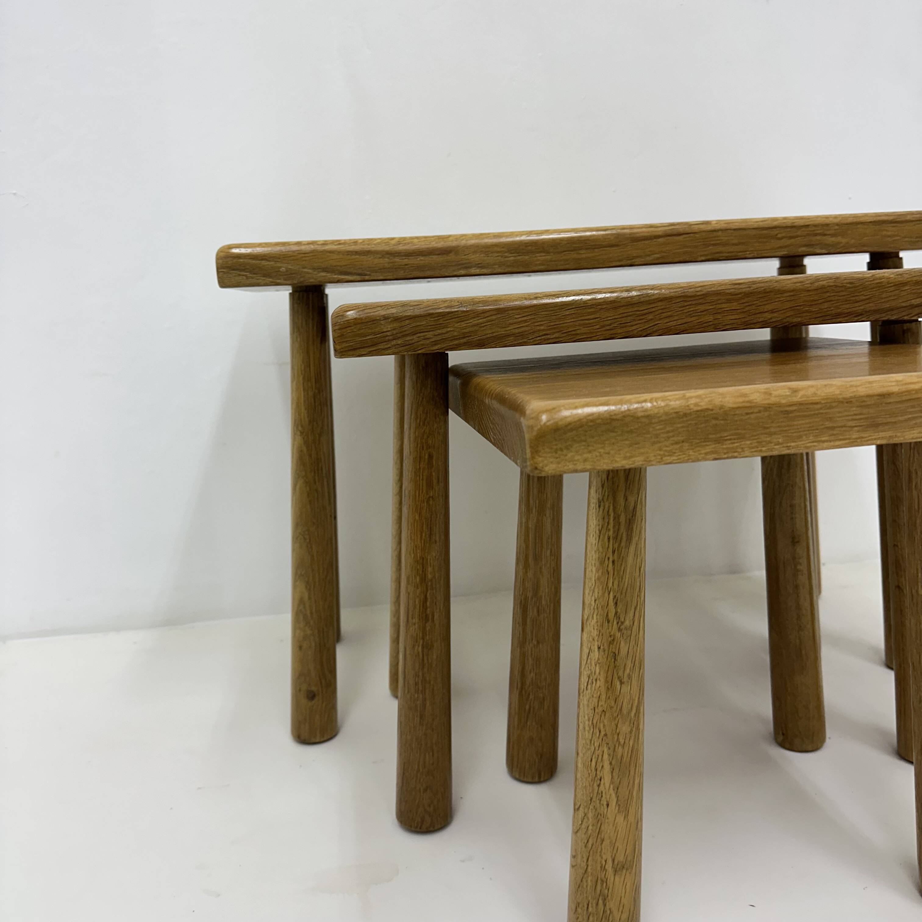 Set of nesting tables solid oak wood brutalist , 1970s