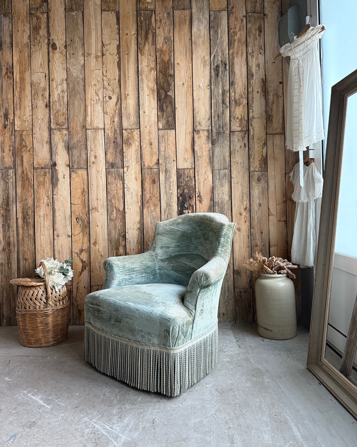 Green velvet tub chair